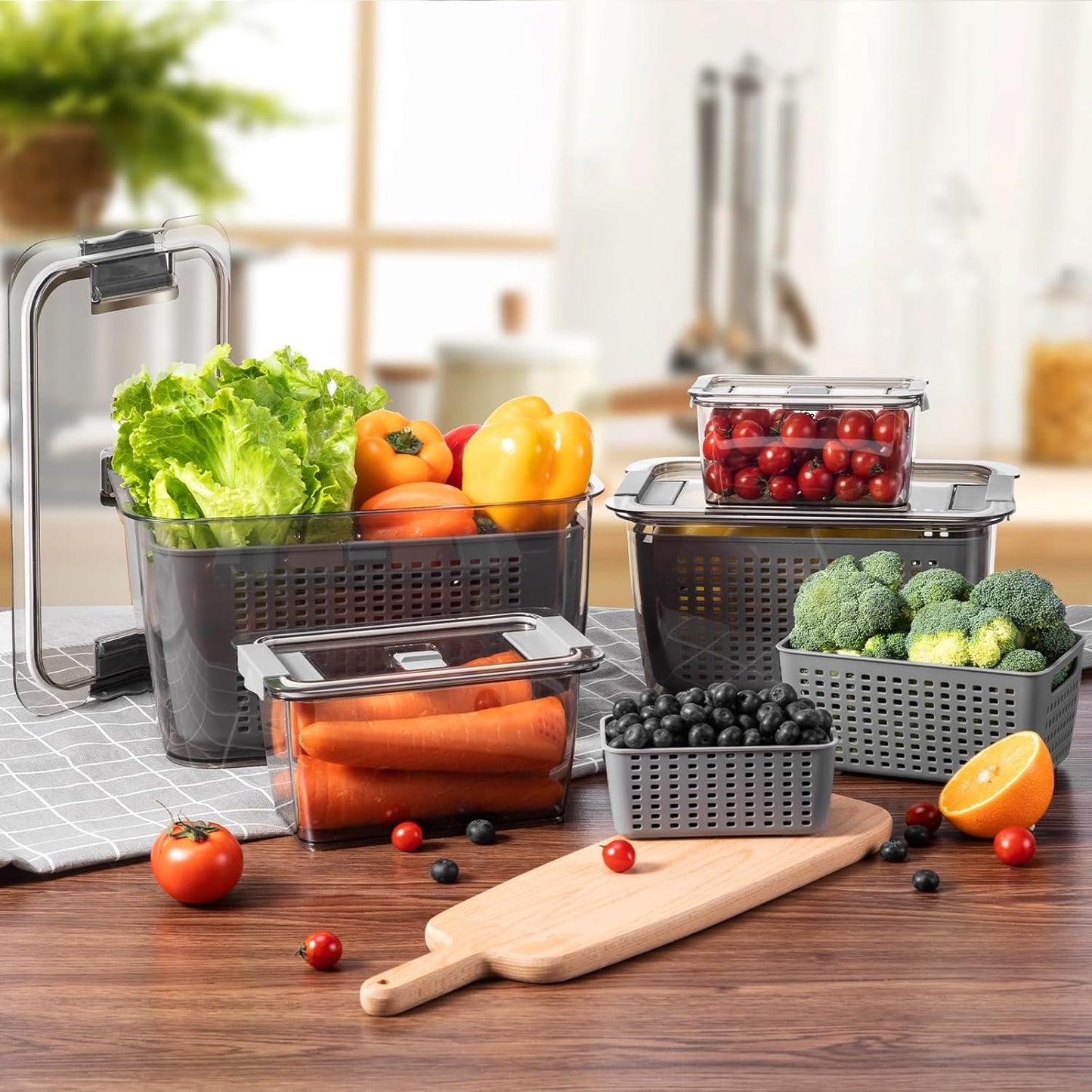 4 Pack Fruit Containers for Fridge, Vegetable Storage Container with Lids &Removable Colander Produce Saver Organizer for Refrigerator Keep Fruit, Veggie, Berry, Meat Fresh Longer-Grey