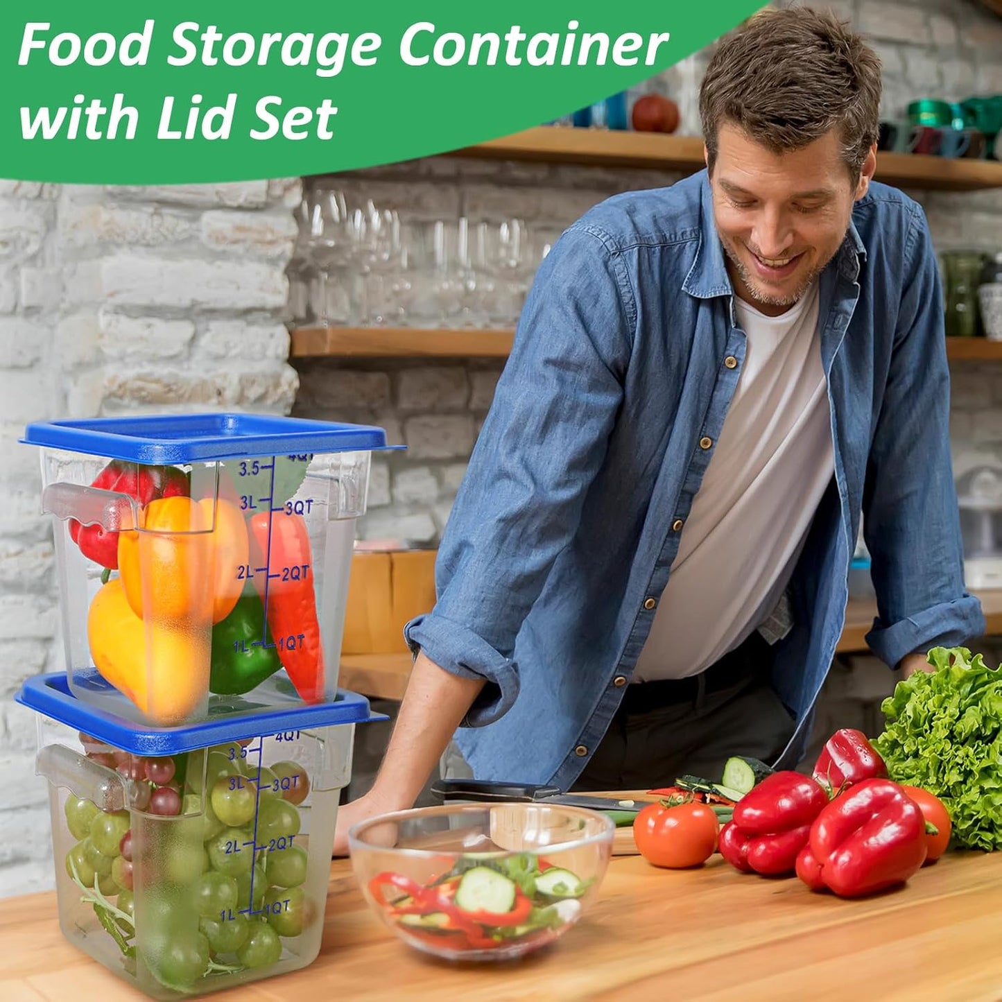 6 Pcs Commercial Clear Food Storage Containers 4 Qt Square Acrylic Airtight Food Storage Containers with Lids for Kitchen Restaurant Pantry Freezer Flour Sugar(Blue)