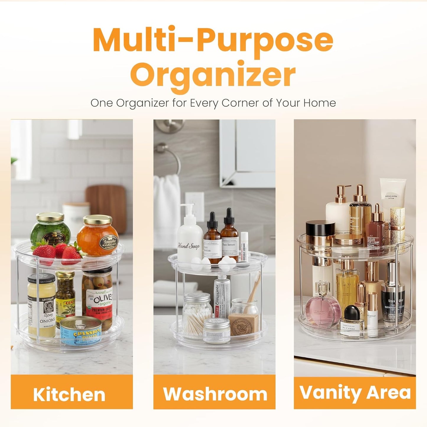 2 Tier Lazy Susan Organizer for Cabinet, Clear Acrylic Rotating Spice Rack Turntable for Kitchen
