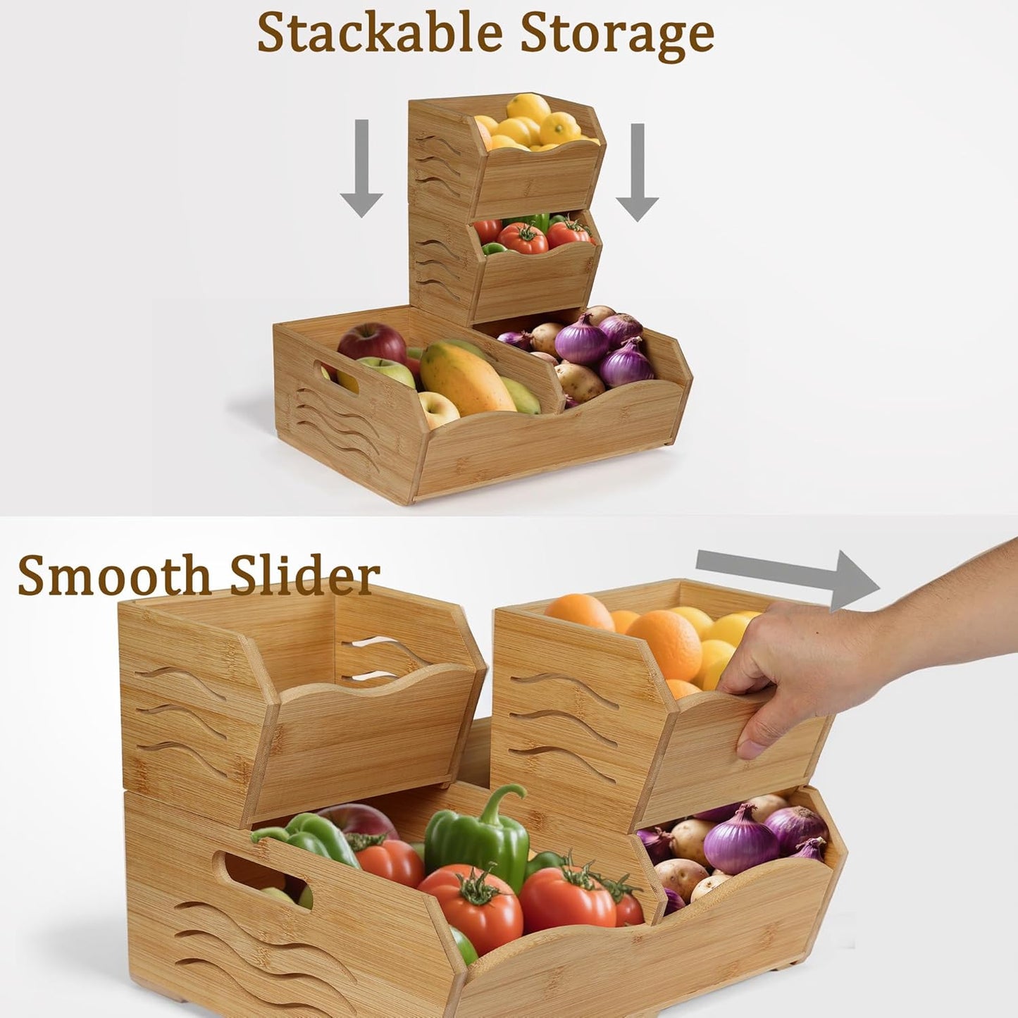 3 Pieces Bamboo Pantry Storage Bins, Stackable Pantry Baskets with Handle