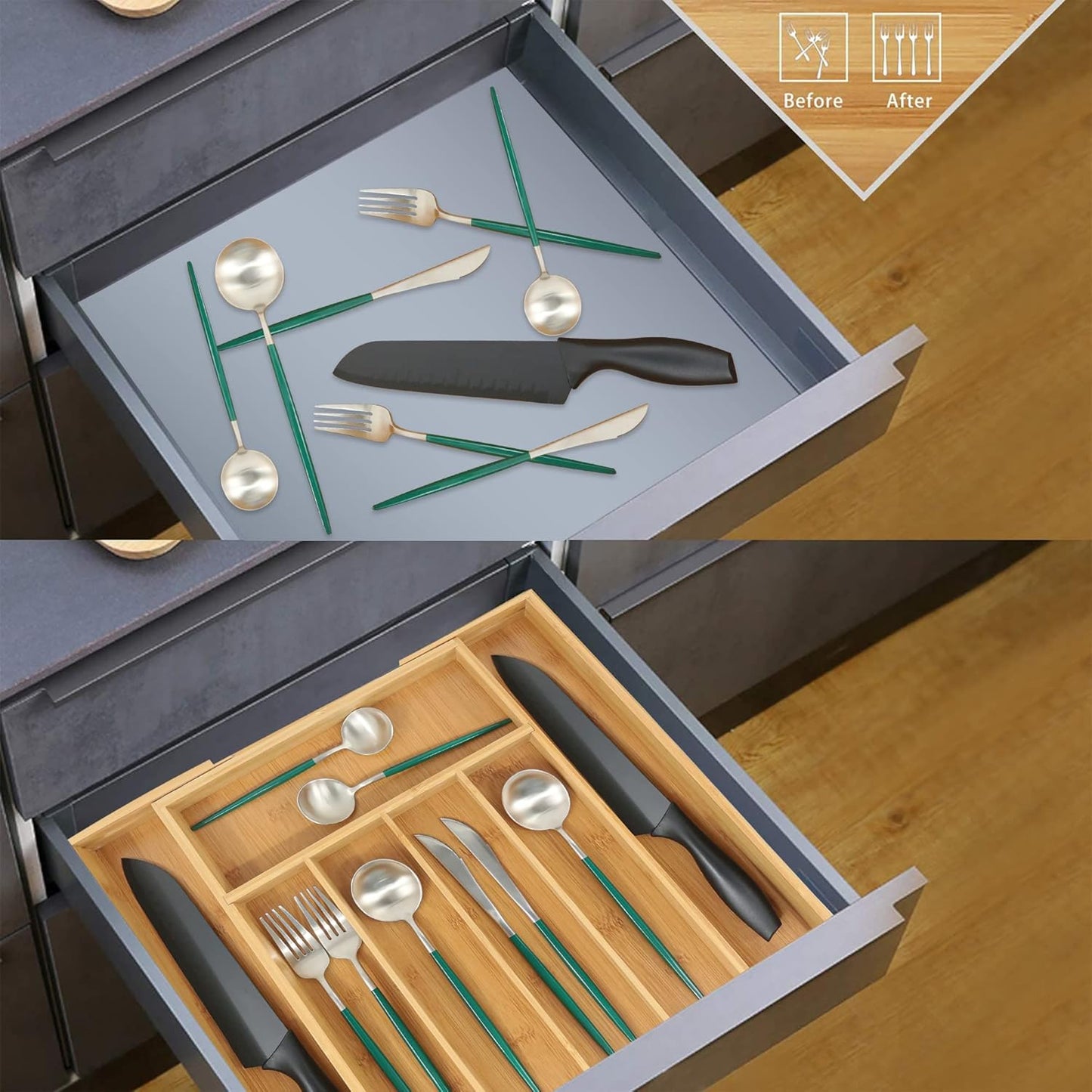 Bamboo Drawer Organizer, Expandable Silverware Drawer Organizer