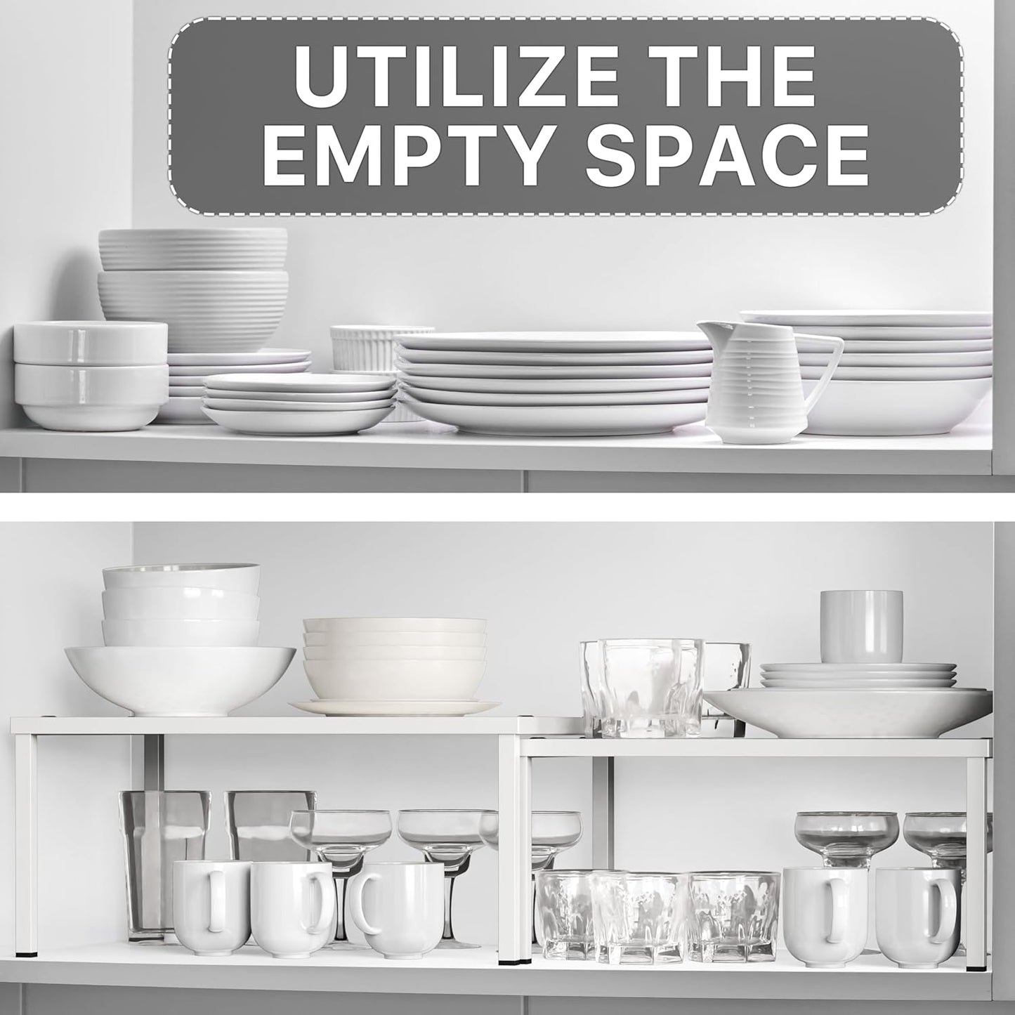 Expandable Stackable Kitchen Counter Shelf Organizer, White, Metal Top, 11.25"L x 7.9"W x 5.4"H