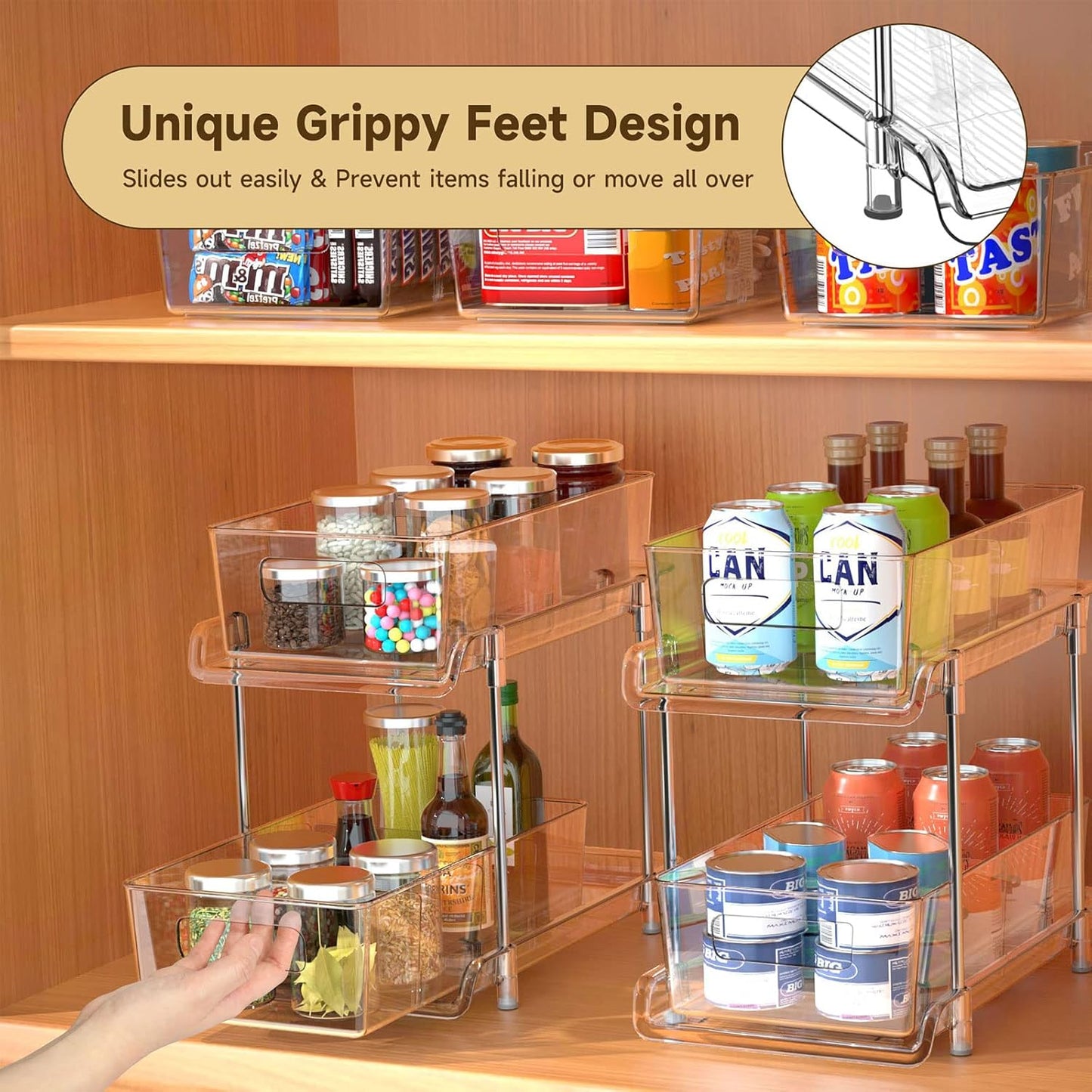 2 Tier Bathroom Storage With Dividers, Clear Under Sink Pull Out Organizer for Kitchen Pantry