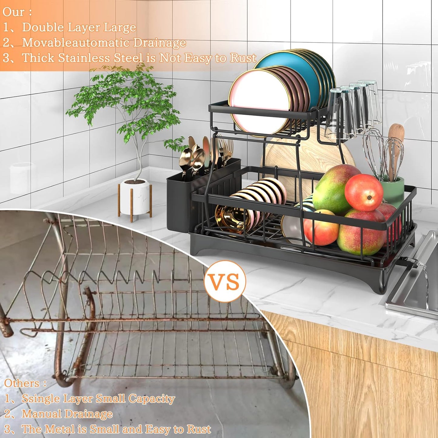 Dish Drying Rack, 2-Tier Dish Rack with Auto-Drain & Mat, Dish Racks for Kitchen Counter
