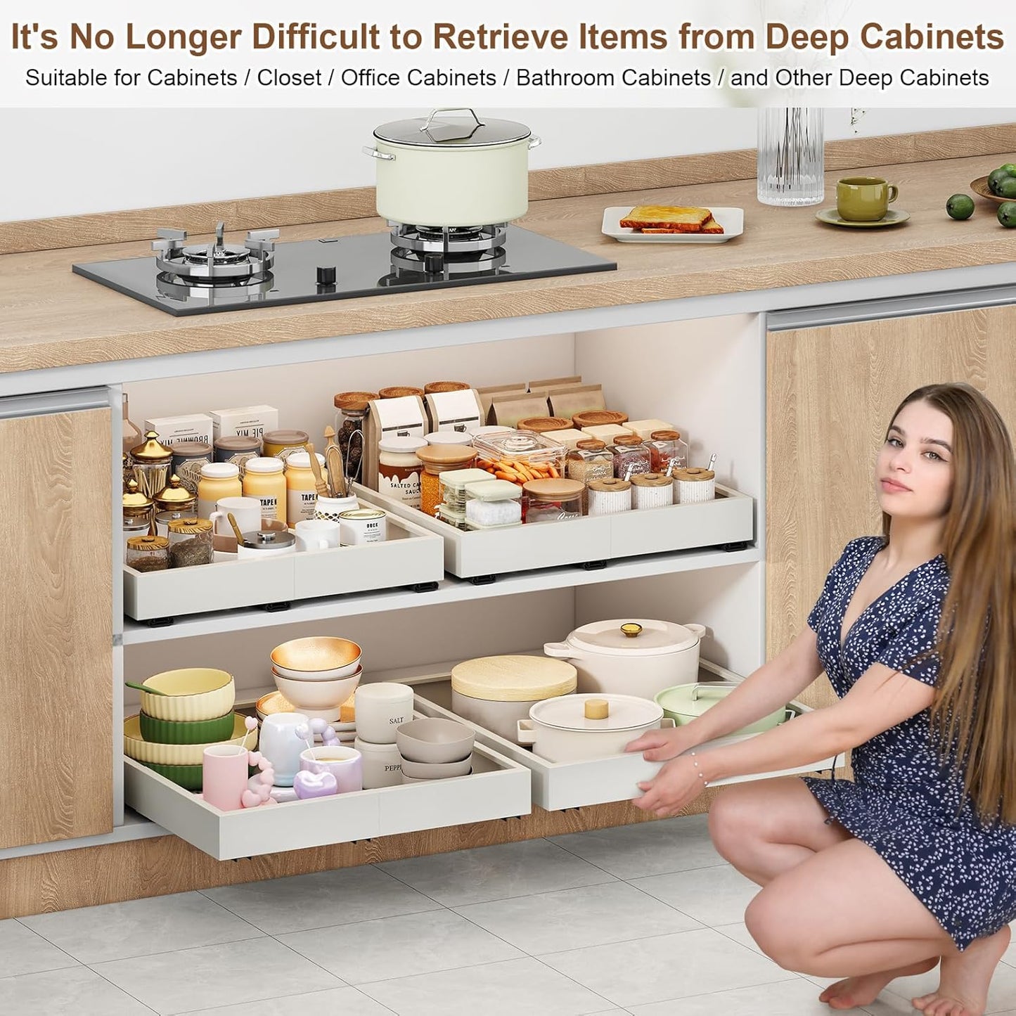 Pull out Cabinet Organizer,3 Sliding Rails,Width (11"-16"),Depth (13"-17") Expandable,No Drill Adjustable Slide out Drawers for Kitchen,Pantry, Adhesive Roll out Shelves,for Cabinets Without Lip,White