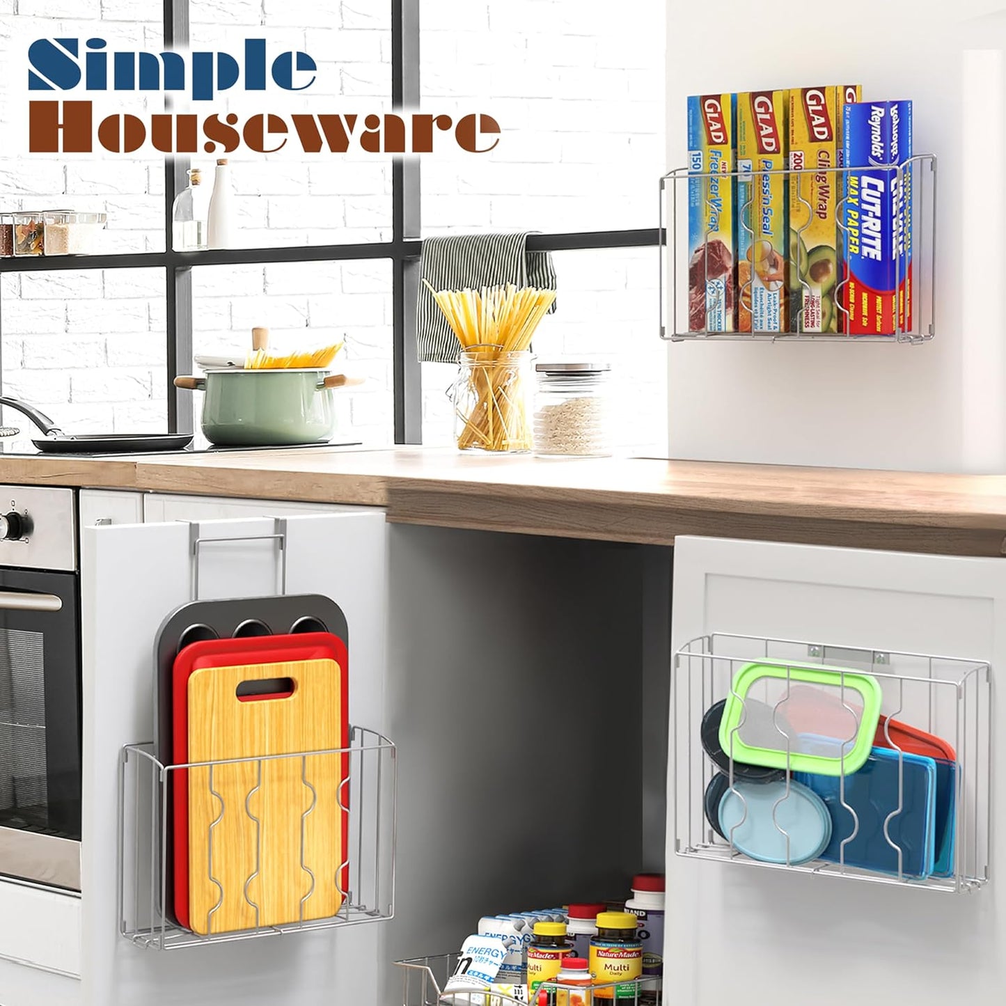 Over the Cabinet Door Organizer Holder 2 Pack 13.5" Wx4.25 Dx18.5 H and 12.5" Wx3.6 Dx18.5 H Silver