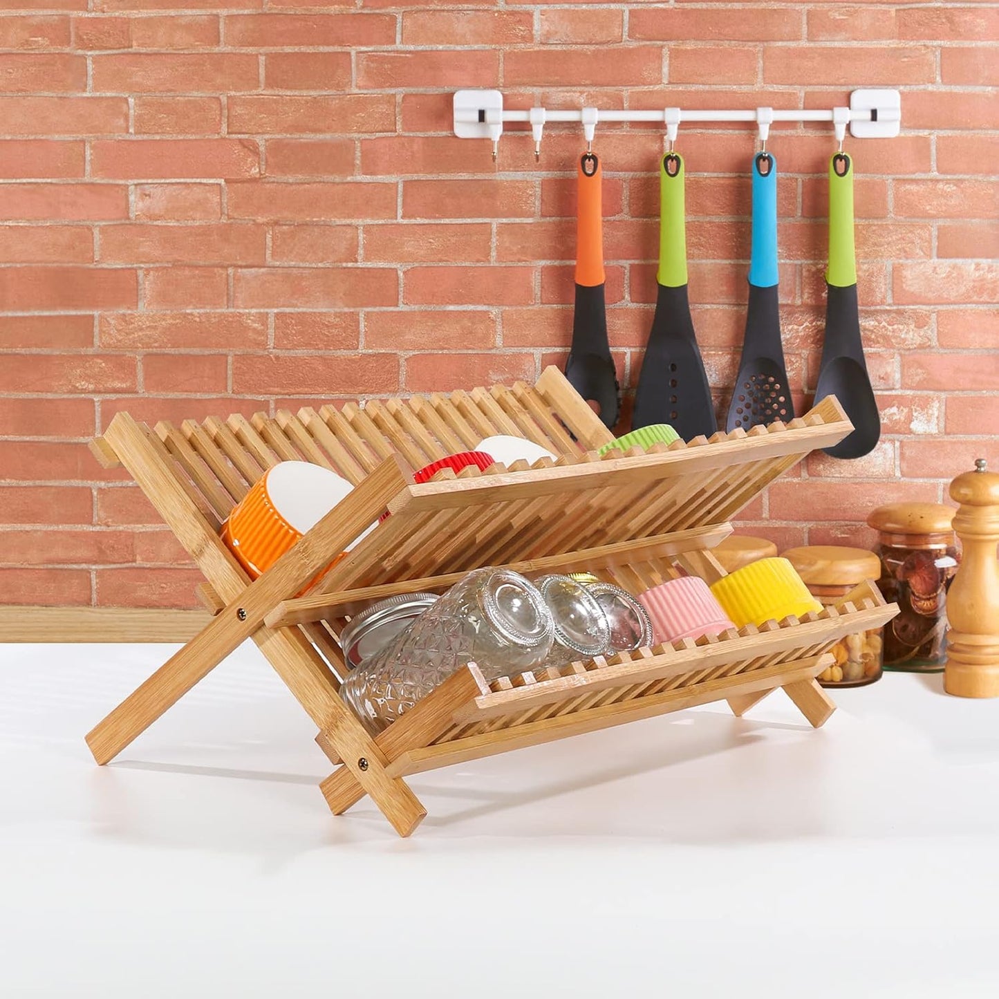 Collapsible Bamboo Dish Drying Rack - 2 Tier Space Saving Kitchen Counter Organizer