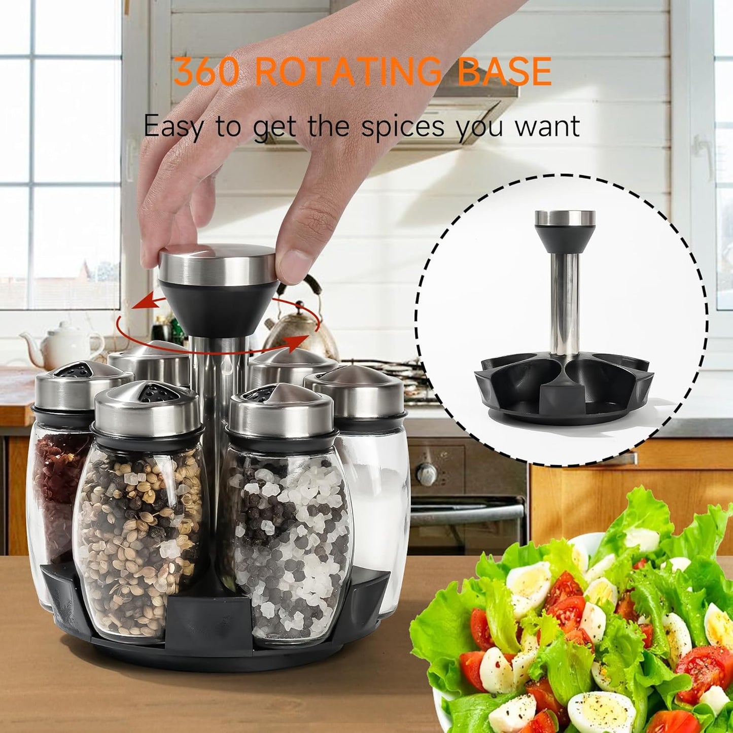 6PC Spinning Glass Spice Jars - 360° Rotating Spice Rack Organizer with Jars