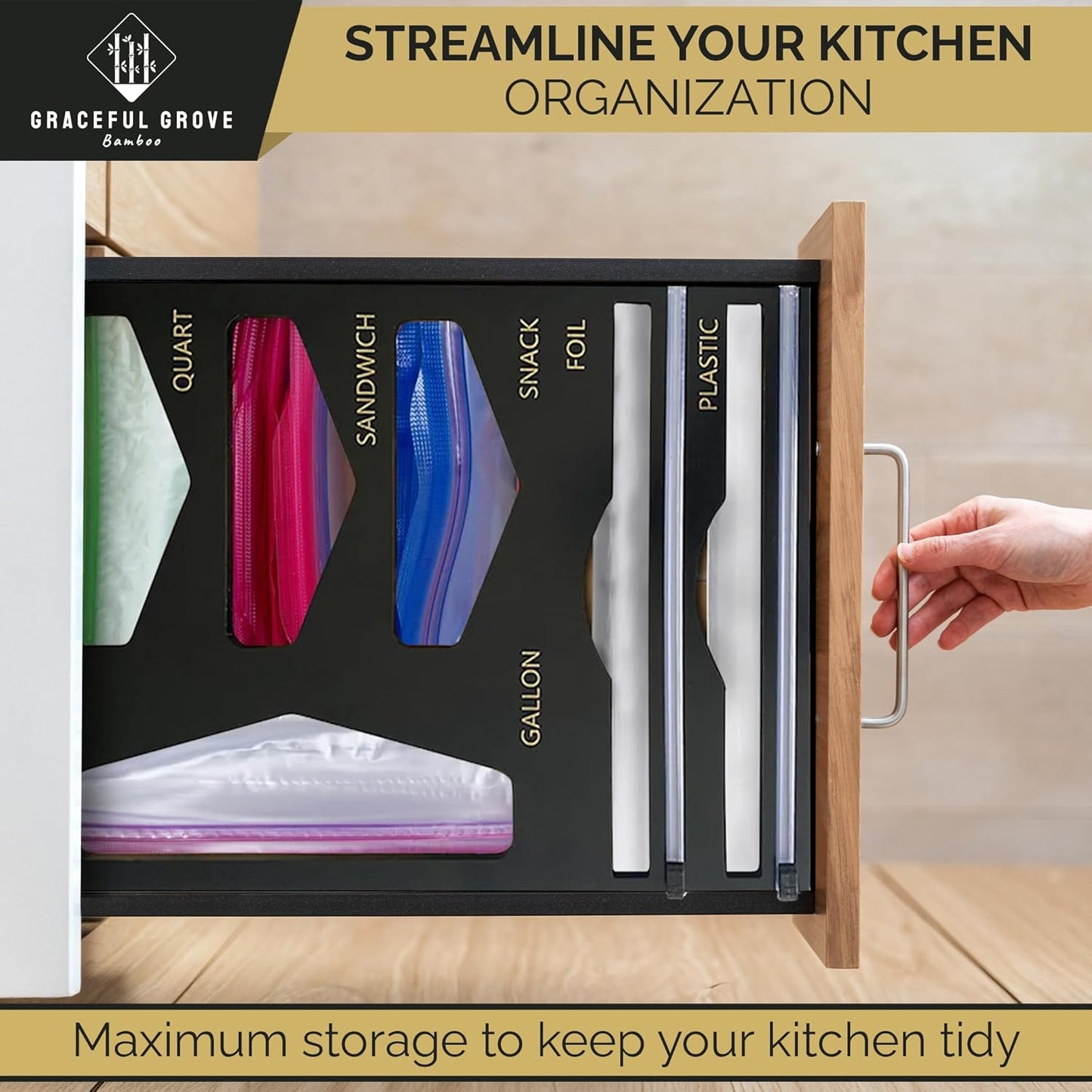6-in-1 Bamboo Food Storage Bag Organizer for Drawer – Holds Gallon, Quart, Sandwich