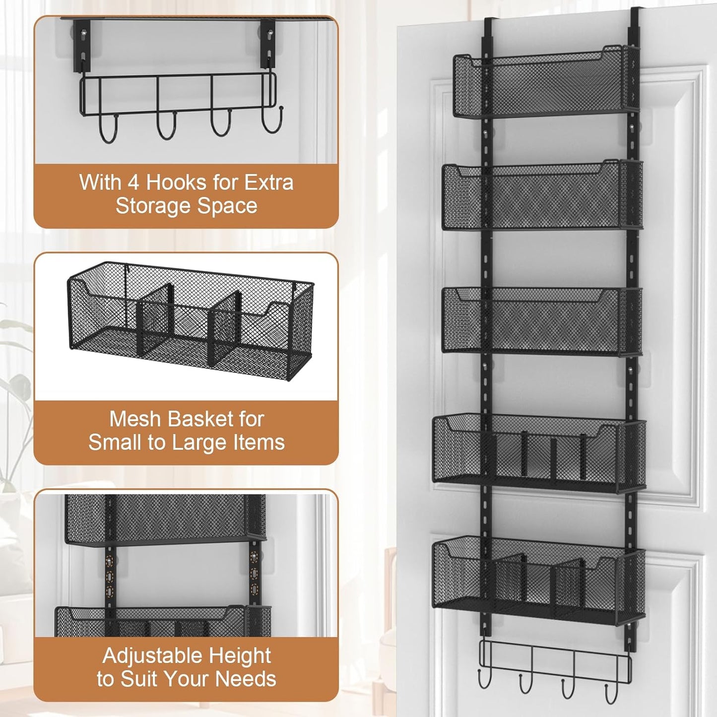Over The Door Organizer, Metal Door Organizer Hanging with 5 Adjustable Baskets and Coat Hook