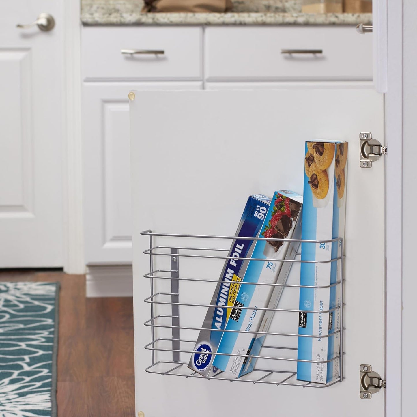 Tall Door Mount Cabinet Organizer, Sturdy Steel Wire Frame, Elegant Nickel Powder Finish