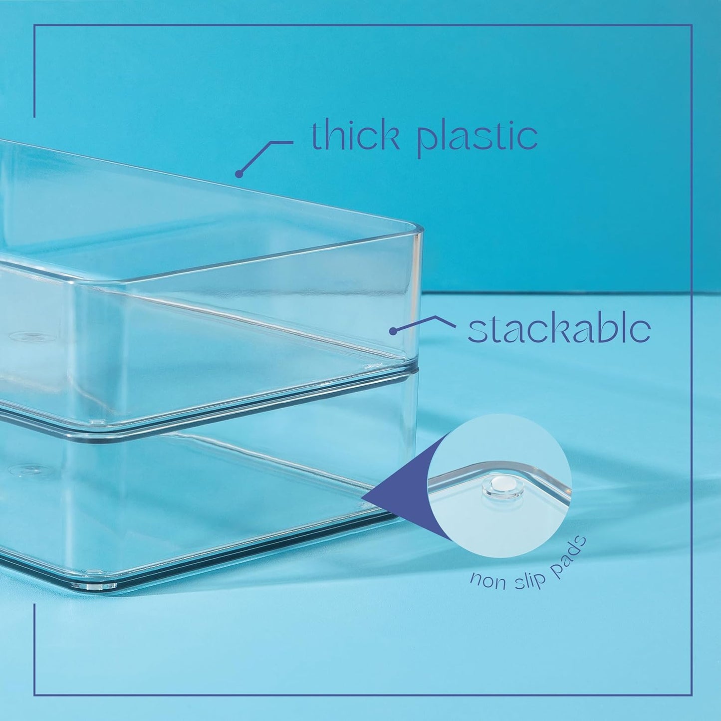 Six Pieces - Clear Plastic Drawer Organizer Bins - Stackable, Non-Slip, 3 Sizes
