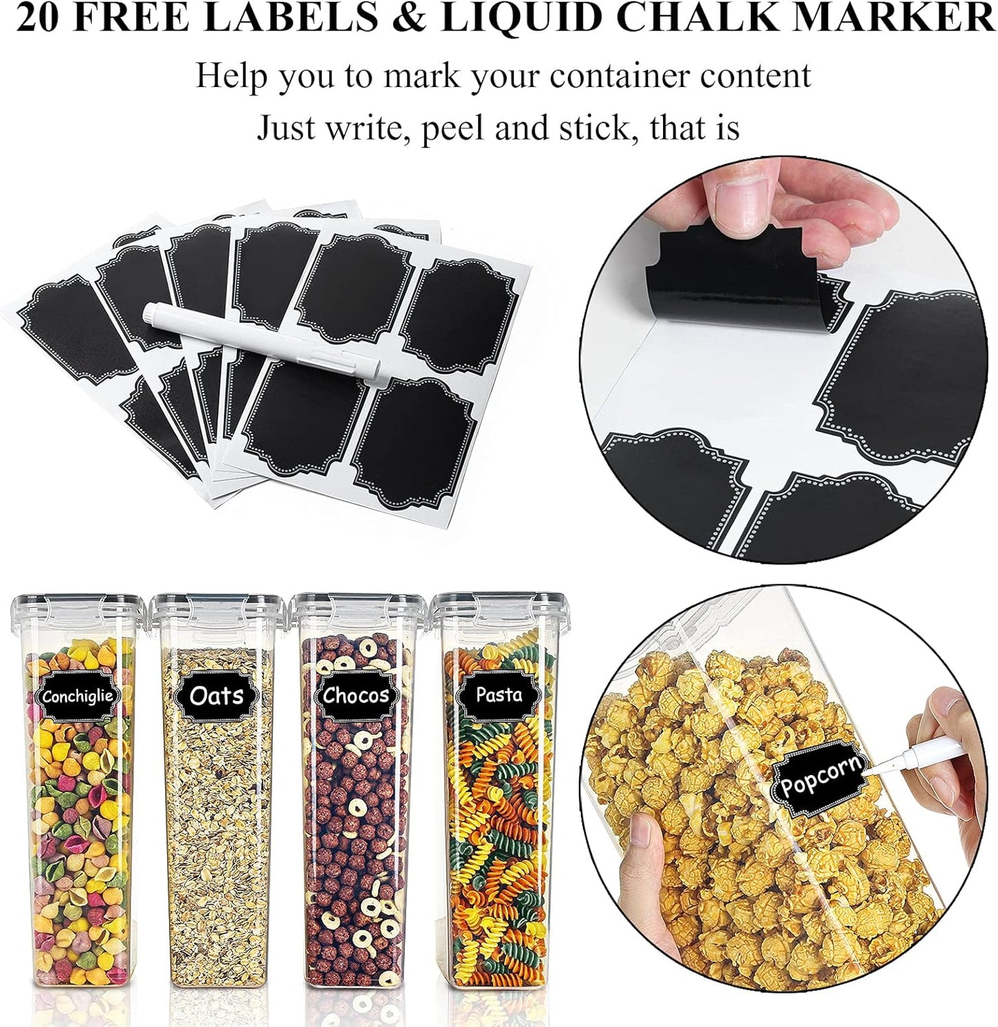 Airtight Food Storage Containers Set of 9 BPA Free Cereal & Dry Food Storage Containers 2.8L / 11.83 cups for Sugar, Flour, Snack, Baking Supplies, with 20 Chalkboard Labels & 1 Marker