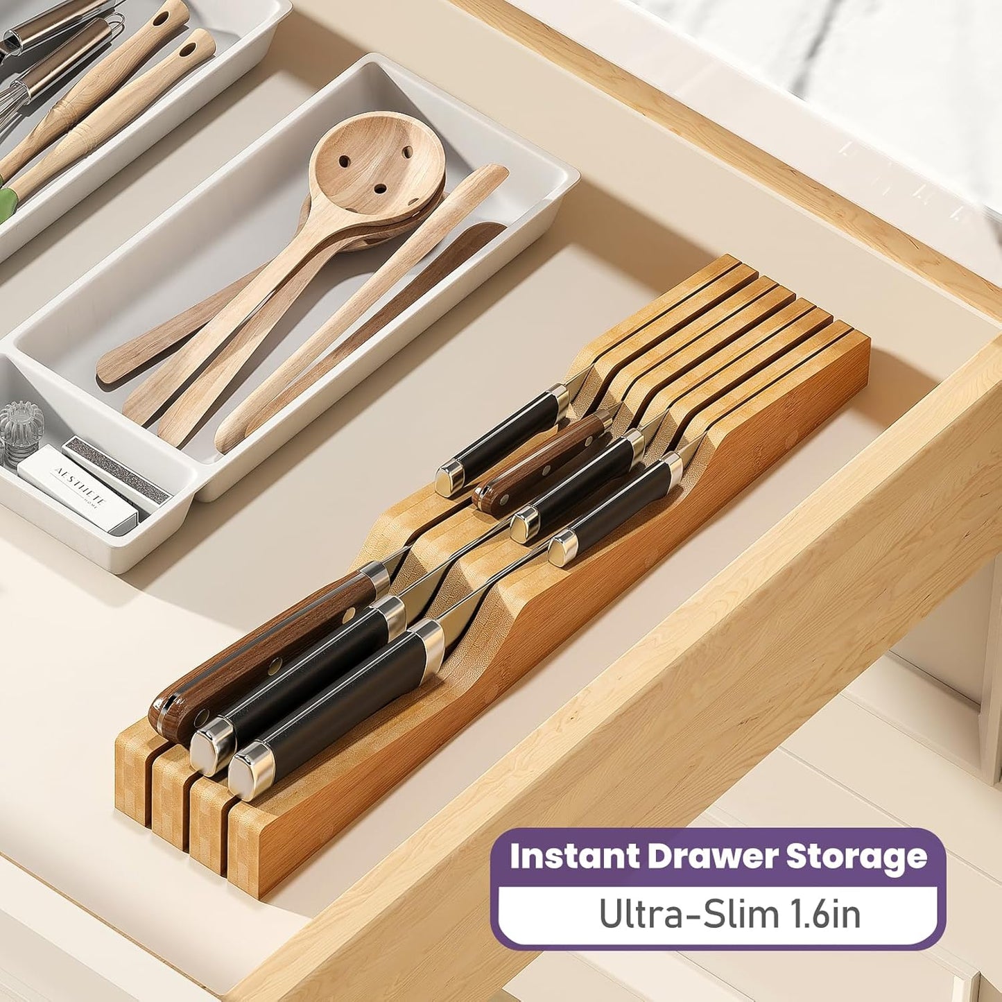 Bamboo In-Drawer Knife Block for 7 Knives(Not Included)