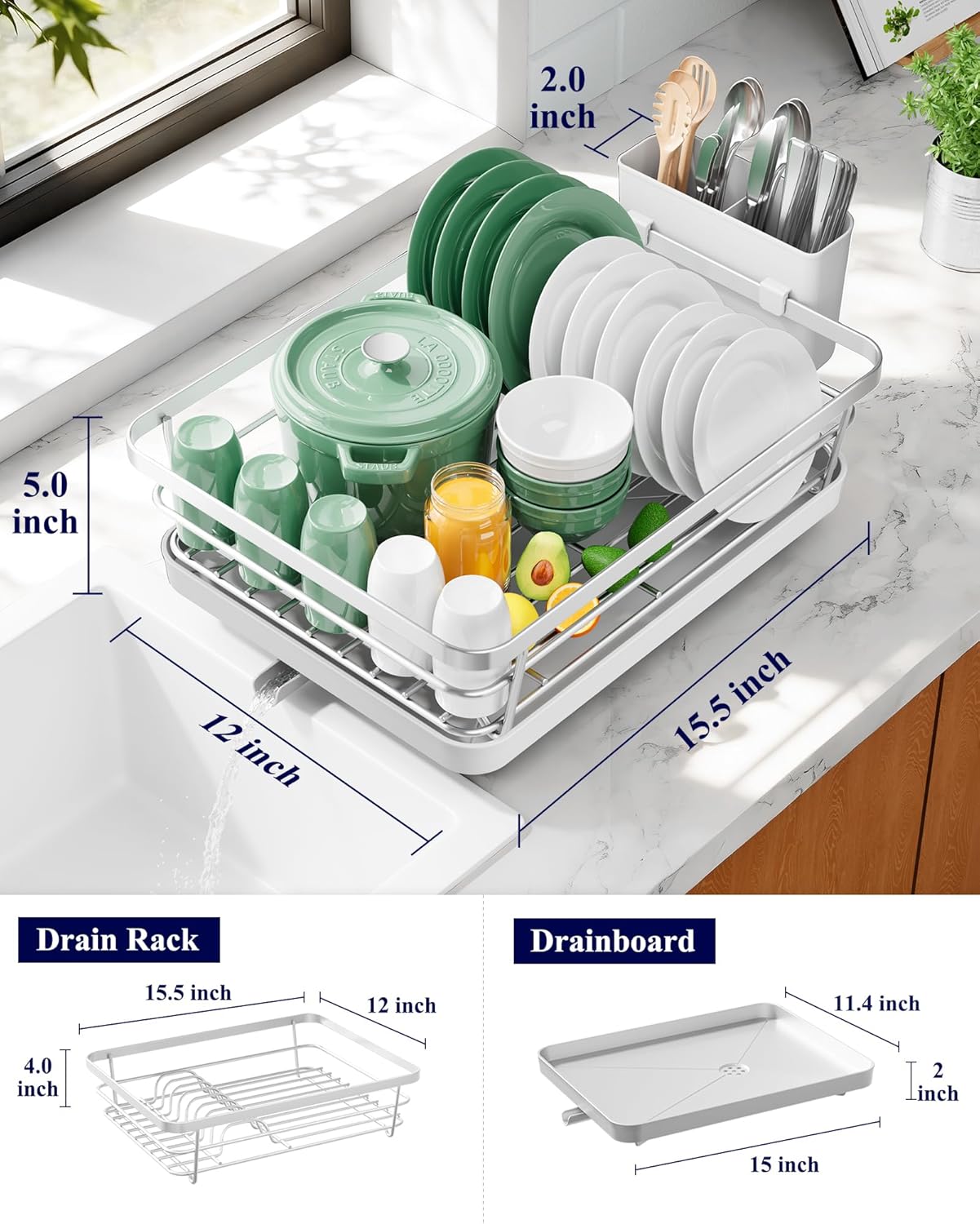 Dish Drying Rack for Kitchen Counter, Stainless Steel Sink Organization and Storage Essentials with Cutlery Holder, Home and Appartment Decor, 12''W x 15.5''L, Silver Grey