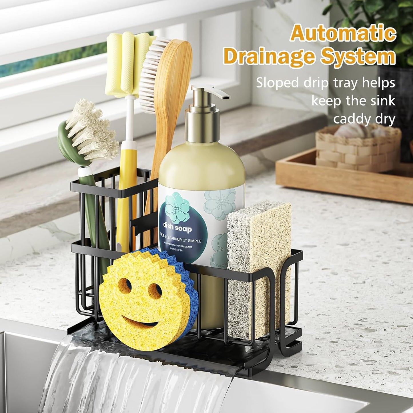 Sink Caddy Sponge Holder, Smiley Face Sponge Rack with High Brush Holder,Rustproof Kitchen Countertop Organizer,Kitchen Gadgets Sink Accessories, Black
