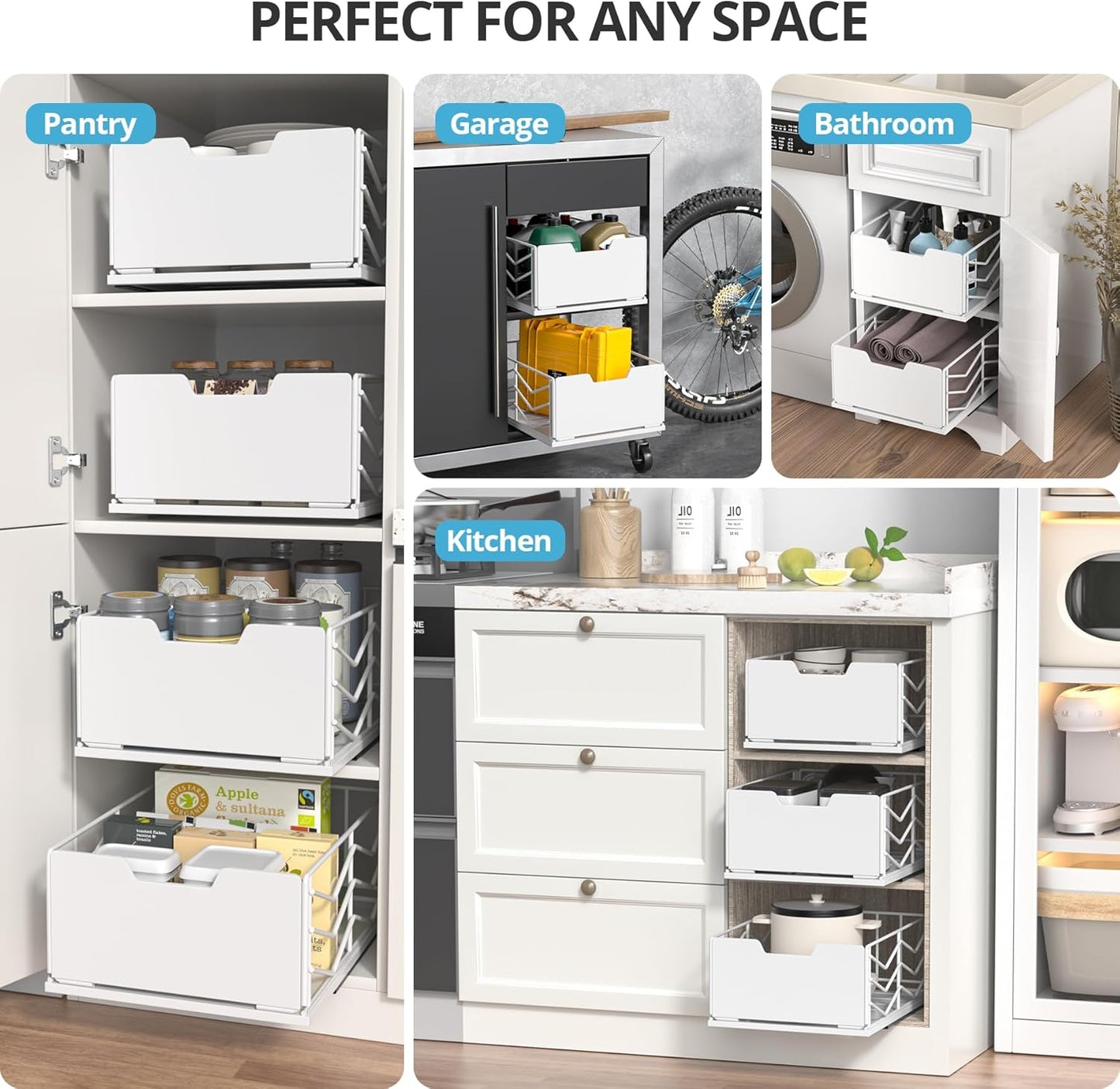 Pull Out Cabinet Organizer, Pantry Slide Out Drawer Organizer with Adhesive Strips