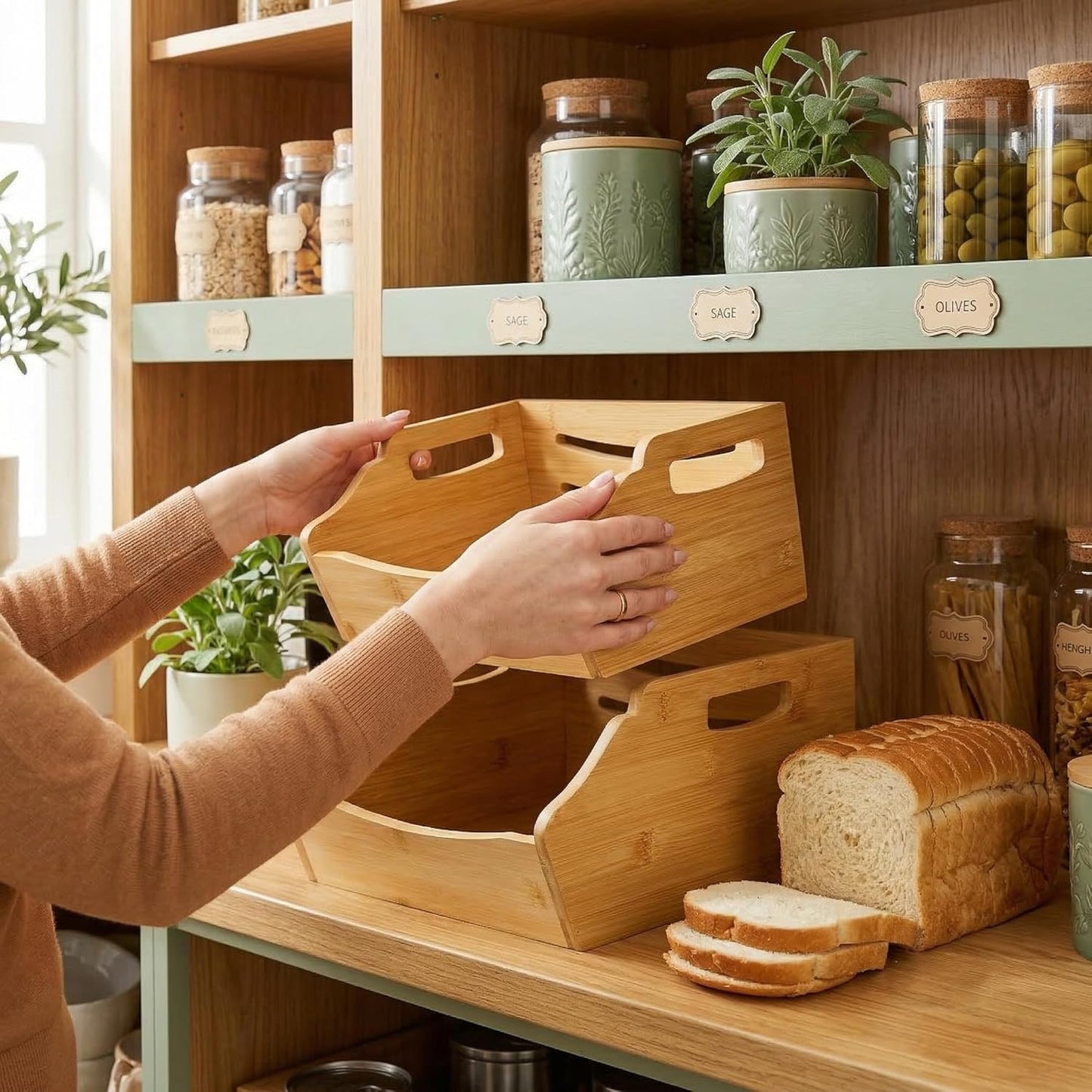 2 Pack Bamboo Stackable Storage Bin, Countertop Open Front Stacking Bins