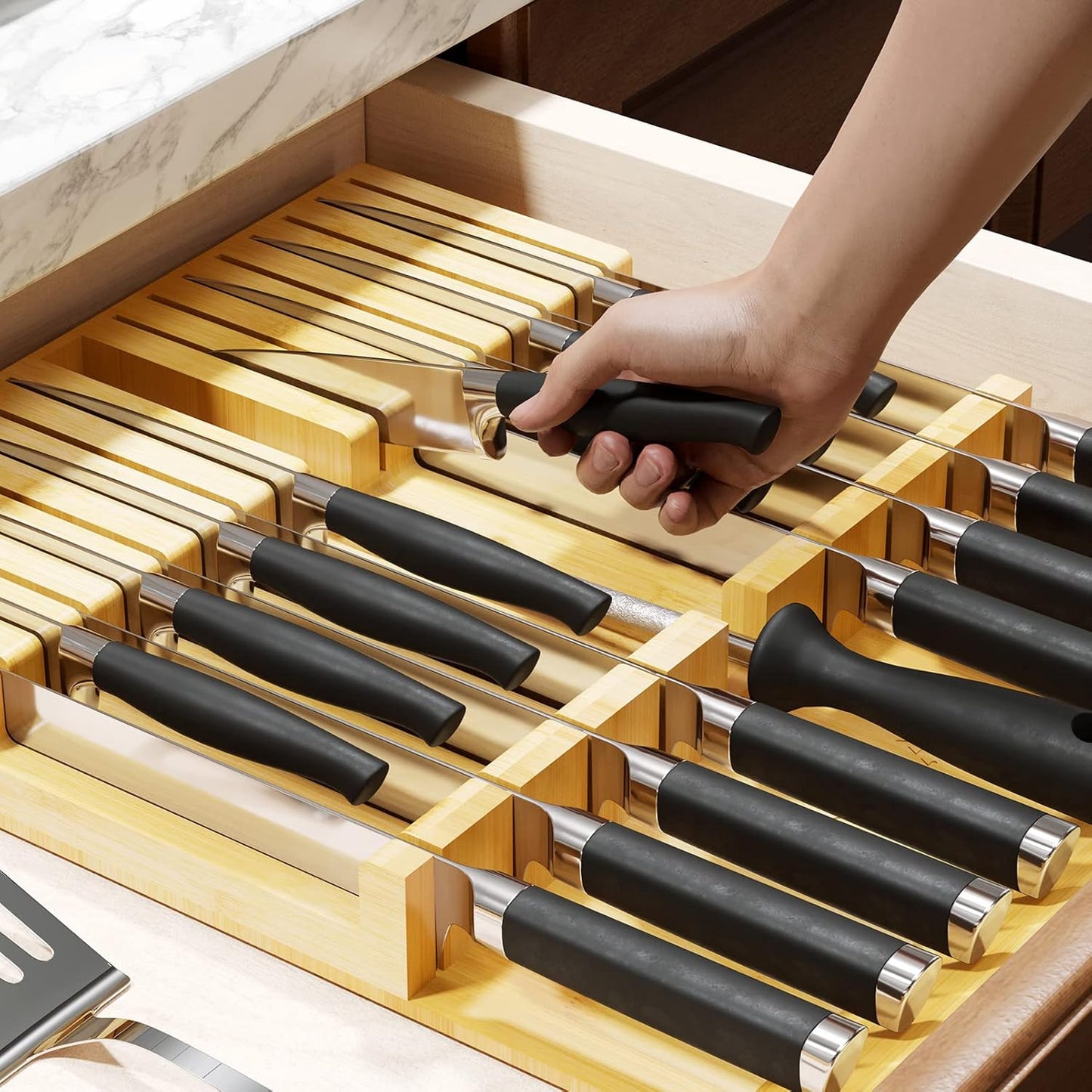 Bamboo Knife Drawer Organizer Insert, Kitchen Steak Knives Holder Organizers Block for Drawer Storage Organization (16 Knife Slots and 1 Sharpener Slot)