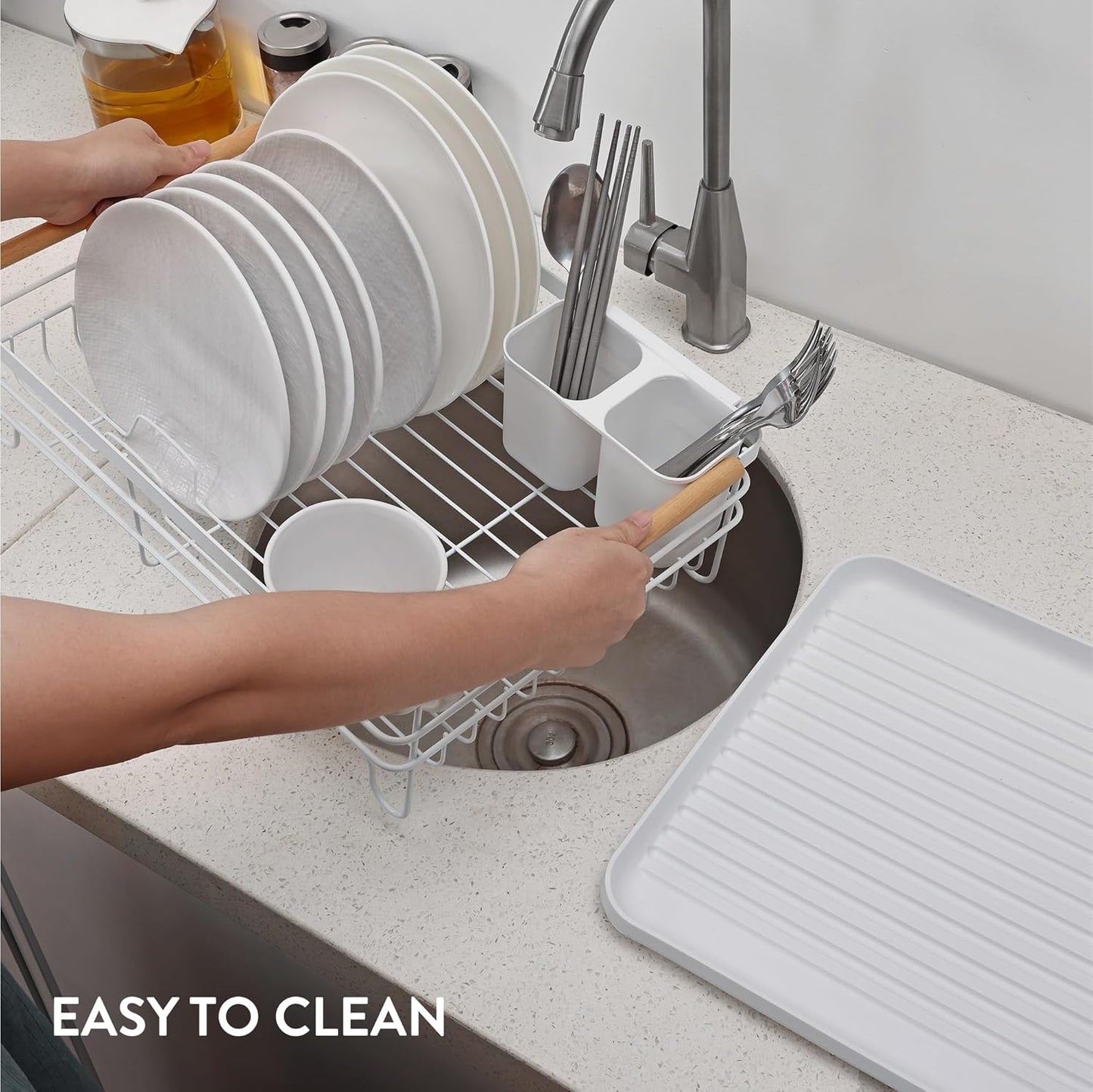 Dish Drainer Rack - Plate, Silverware, Pots and Pans - Dish Rack with Beechwood Handles