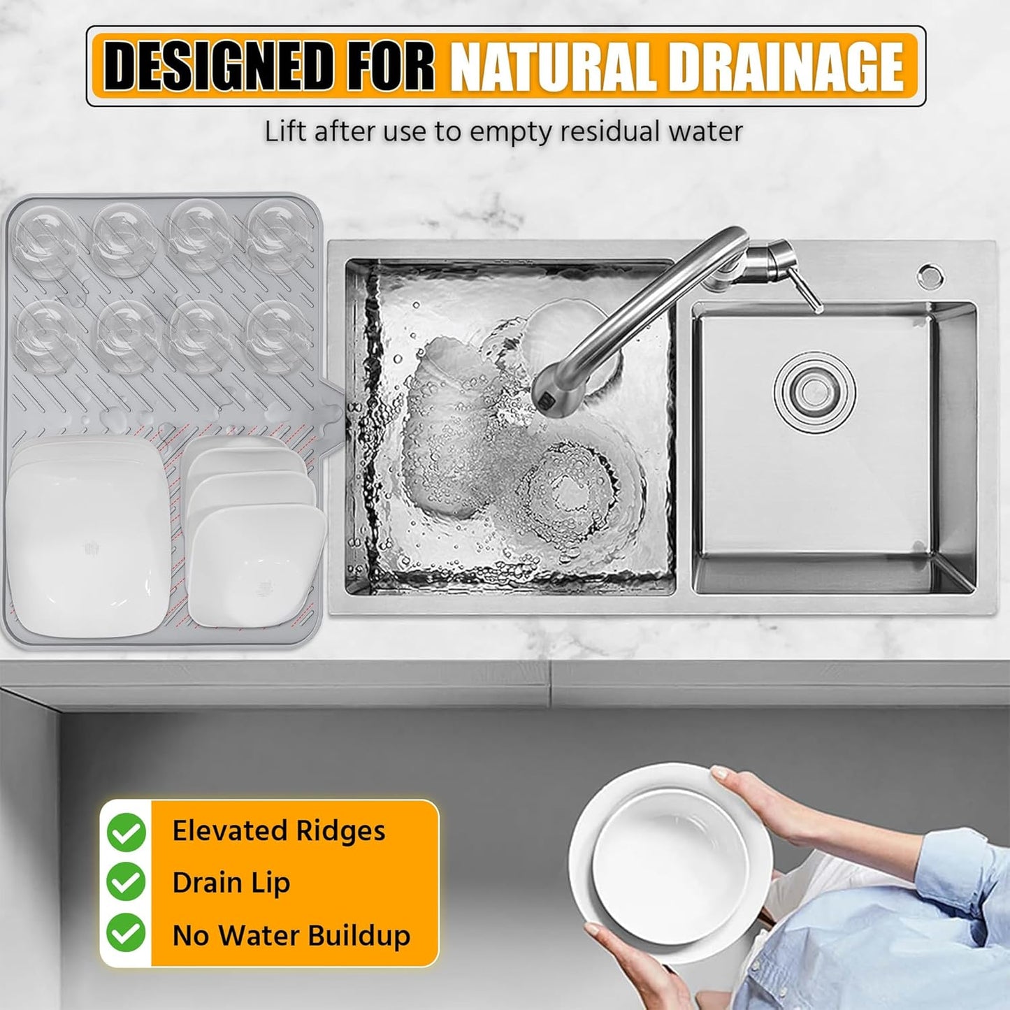Silicone Dish Drying Mat with Built-in Drain Lip - Hygienic Drying Pad