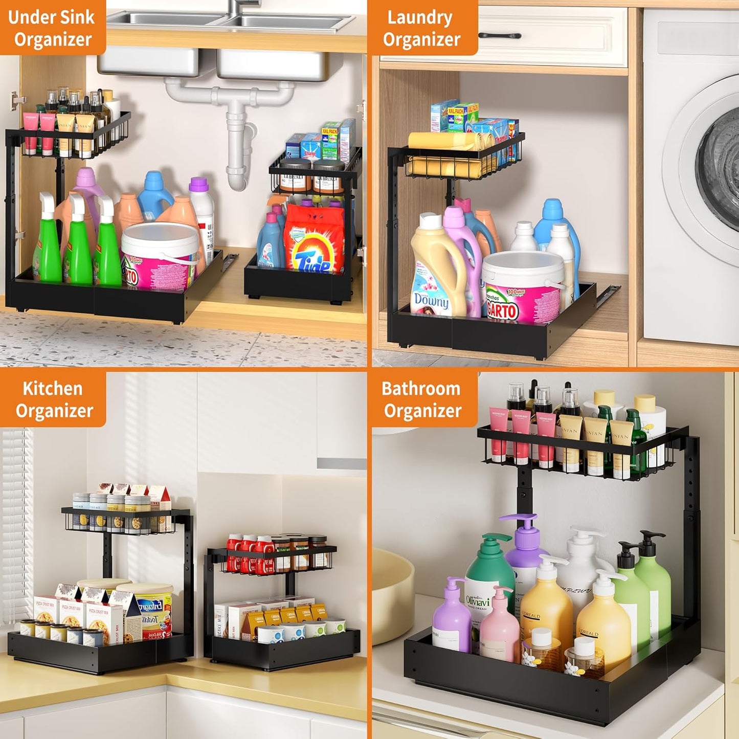 2-Pack Expandable Under Sink Organizers and Storage, 2-Tier Adjustable Pull-Out Cabinet Organizers