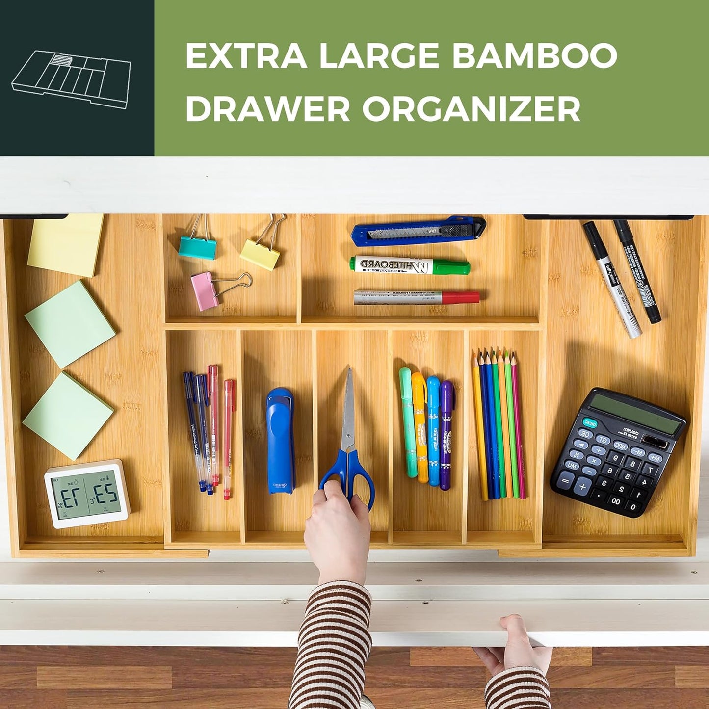 Extra Large Kitchen Utensil Holder, Bamboo Silverware Drawer Organizer