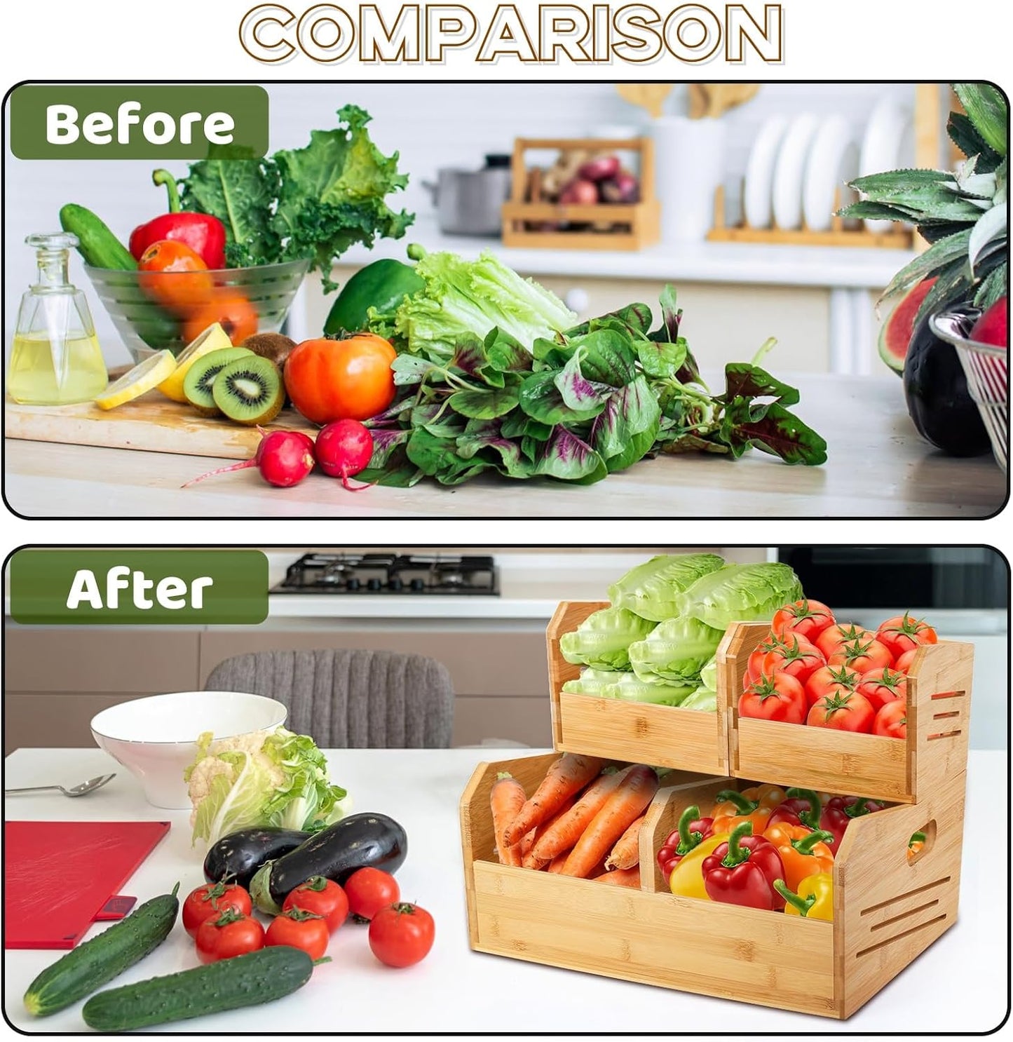 2 Tier Bamboo Stackable Storage Bins, 4 Compartment Potato and Onion Storage Baskets