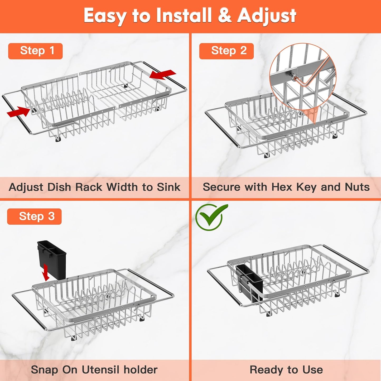 Expandable Over The Sink Dish Drainer Drying Rack In Stainless Steel Metal For Small Kitchen