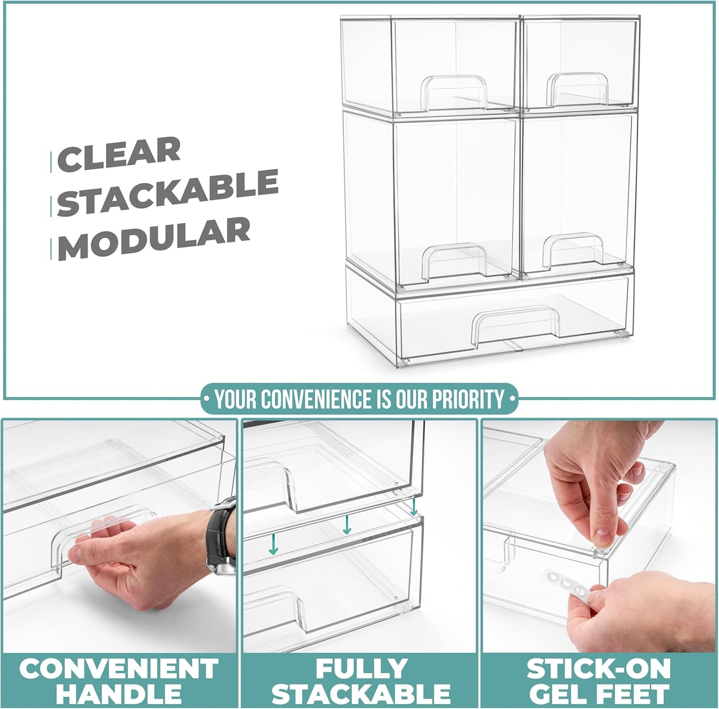 Acrylic Storage Containers - 5 Pack, Stackable Storage Bins Set for Bathroom Organization