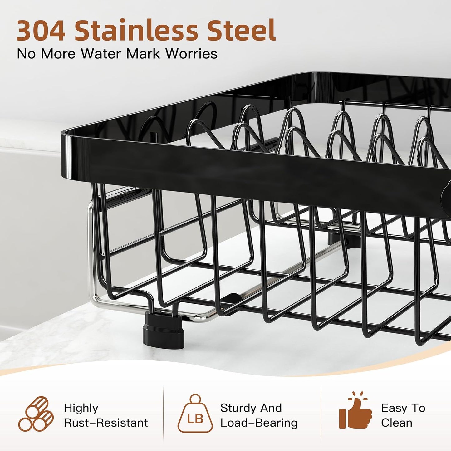 Expandable Dish Drying Rack Over The Sink Small Metal Stainless Steel Plate Holder for Compact Kitchen, Space Saving Modern Black Hanging Drainer