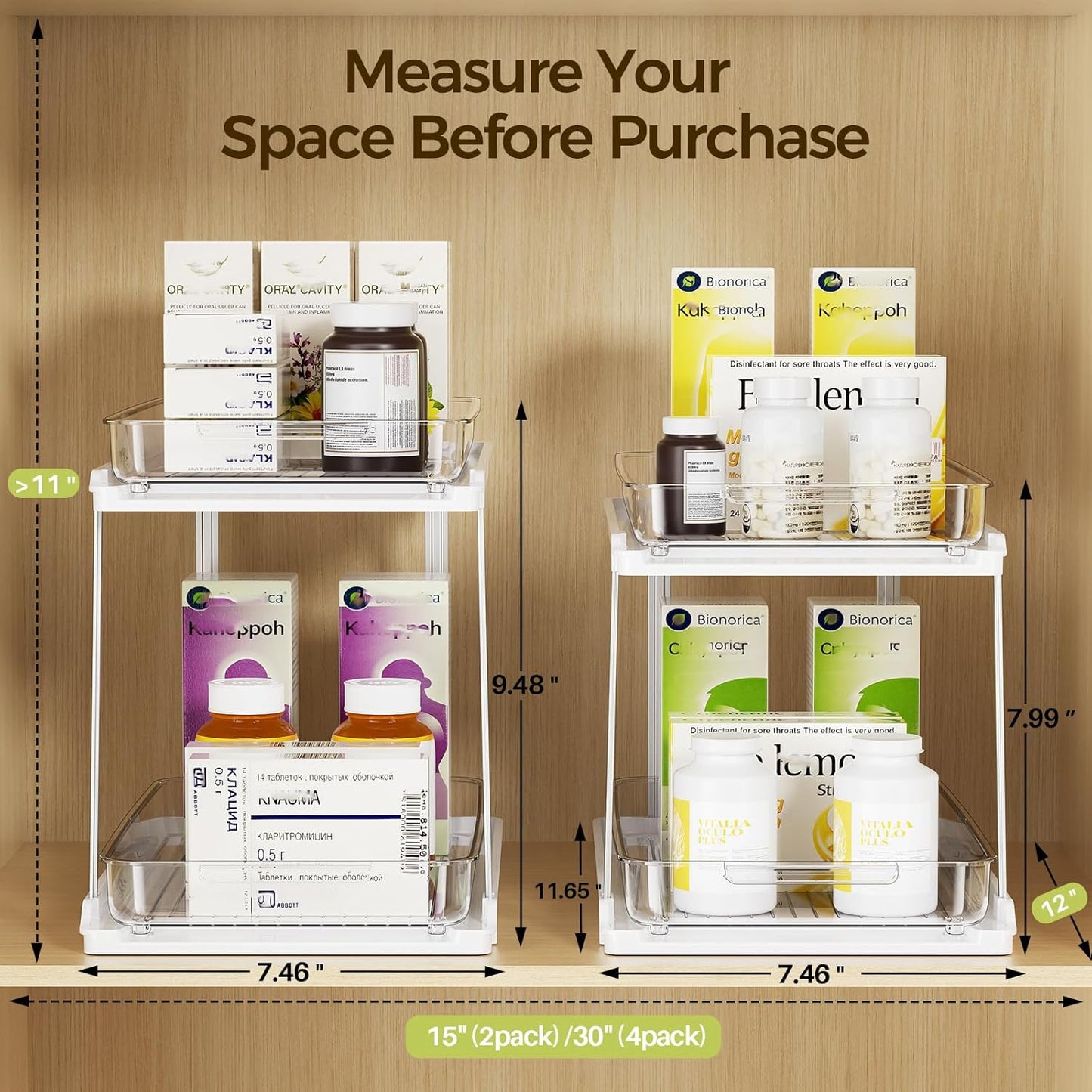 2-Tier Bathroom Under Sink Organizers and Storage, Pull Out Cabinet Drawers with Anti-Slip Design