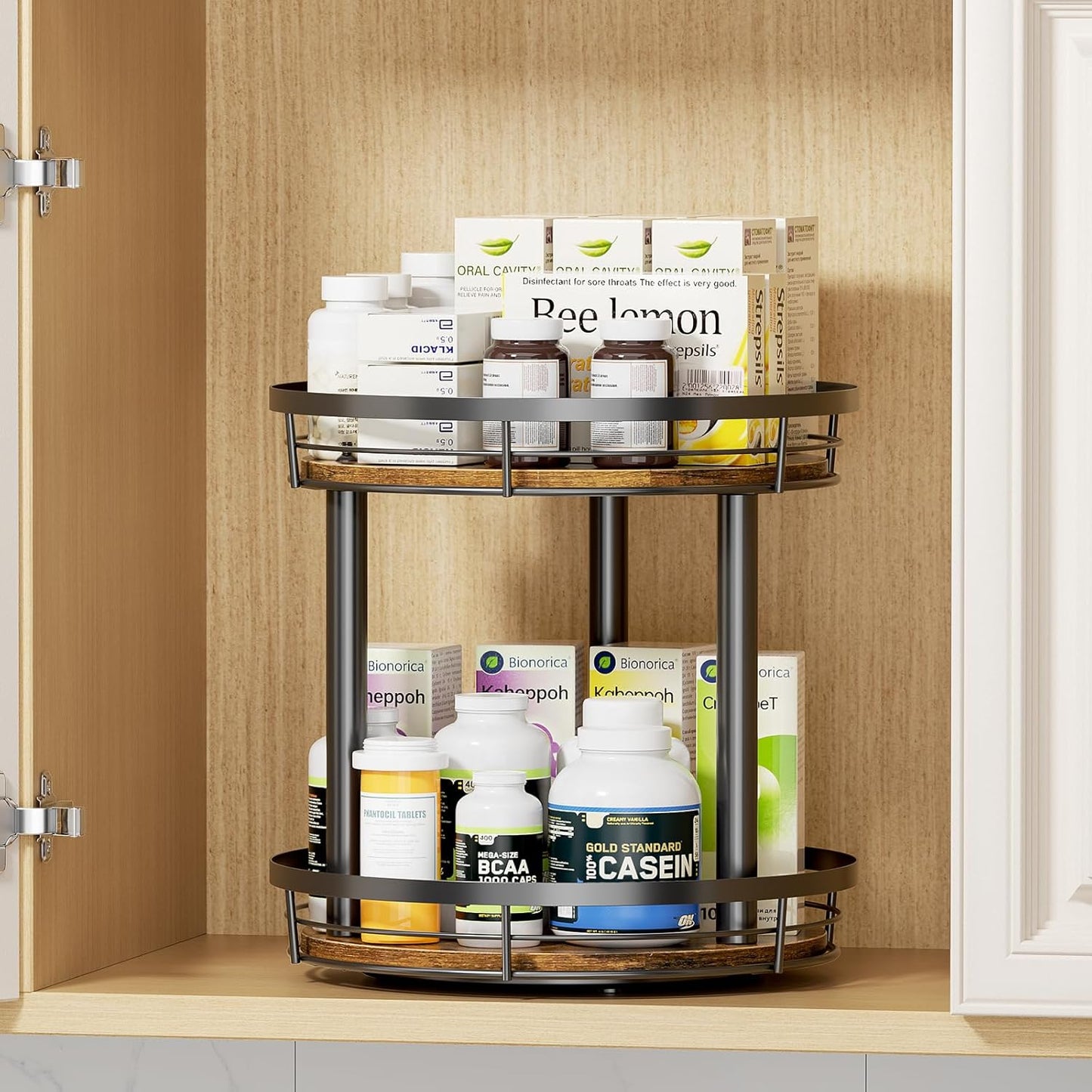 10'' Wood Lazy Susan Spice Rack Organizer, 2 Tier Spice Organization for Cabinet, Countertop
