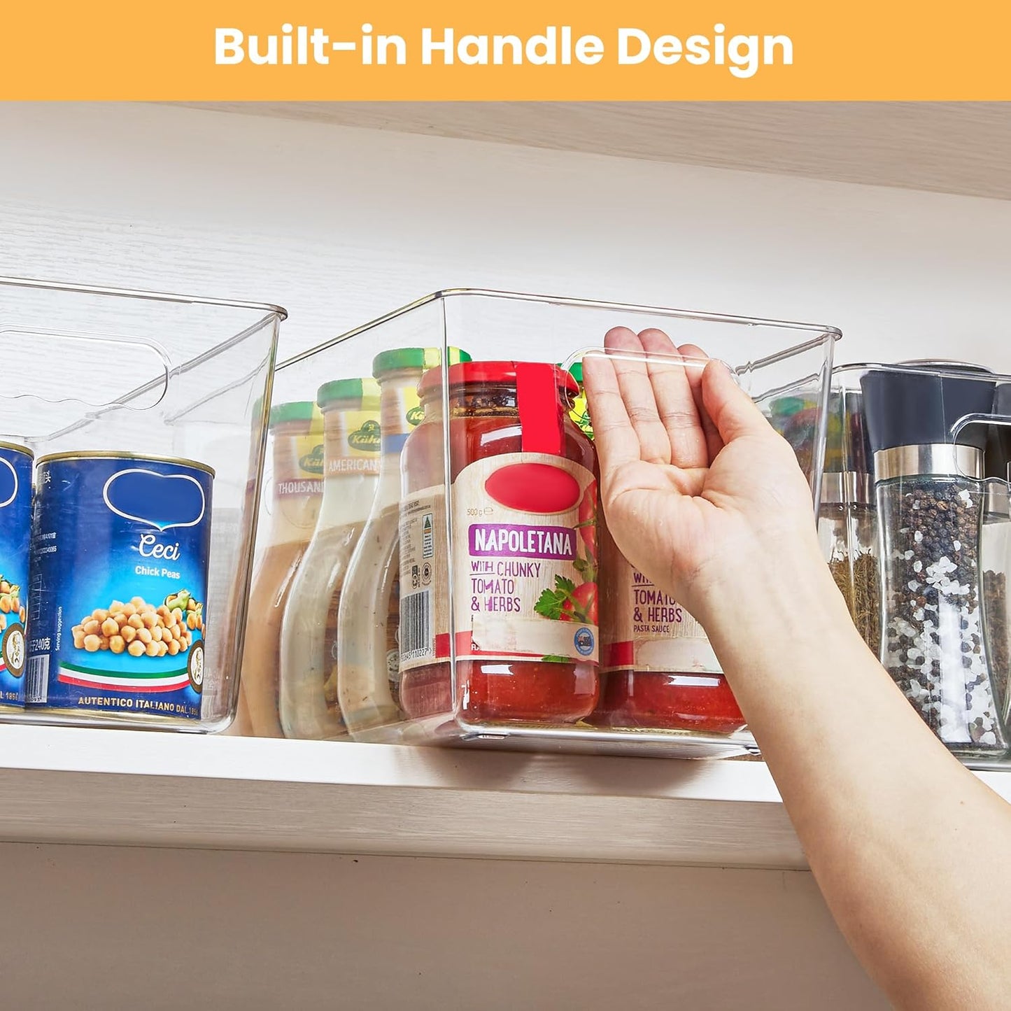 Clear Plastic Storage Bins, 4 Pack Pantry Organizer Bins with Handle for Kitchen