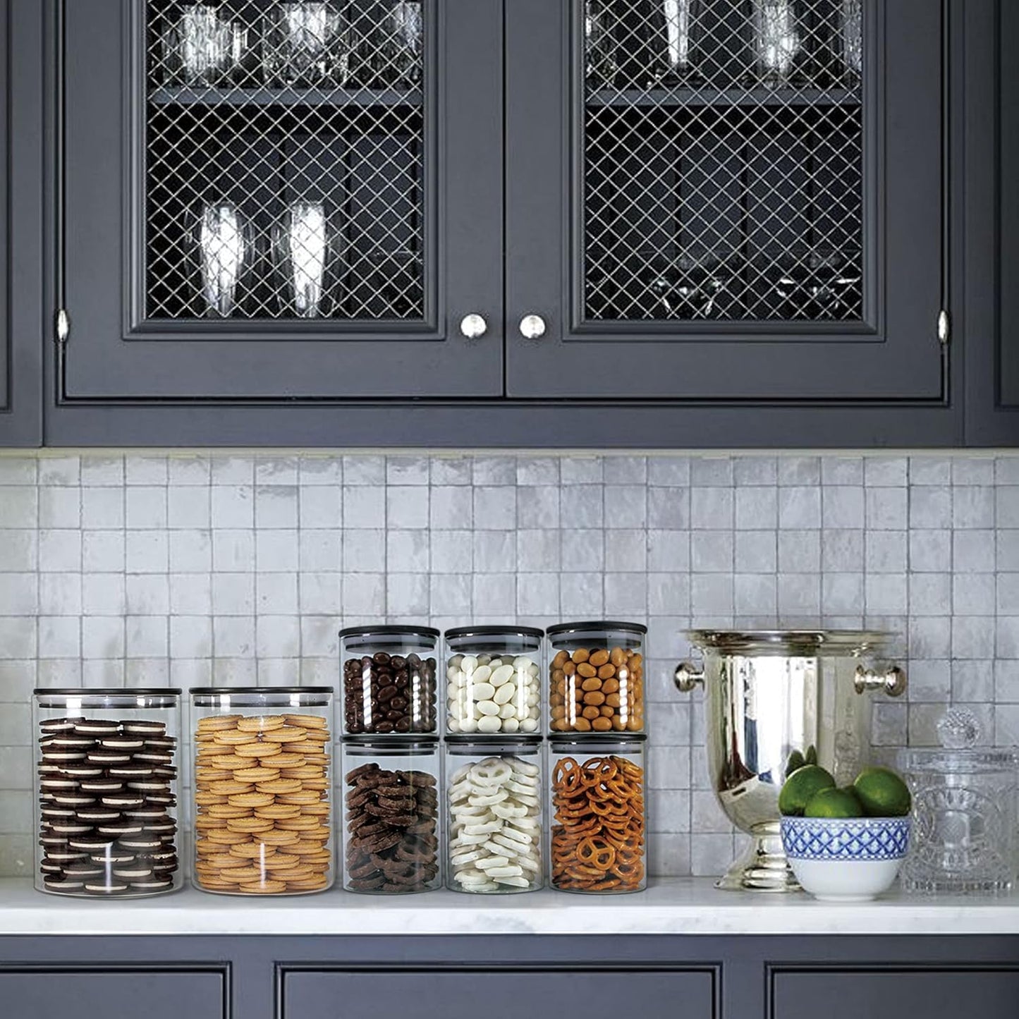 Glass Jars with Black Bamboo Lids, Food Storage Containers with Airtight Black Lids