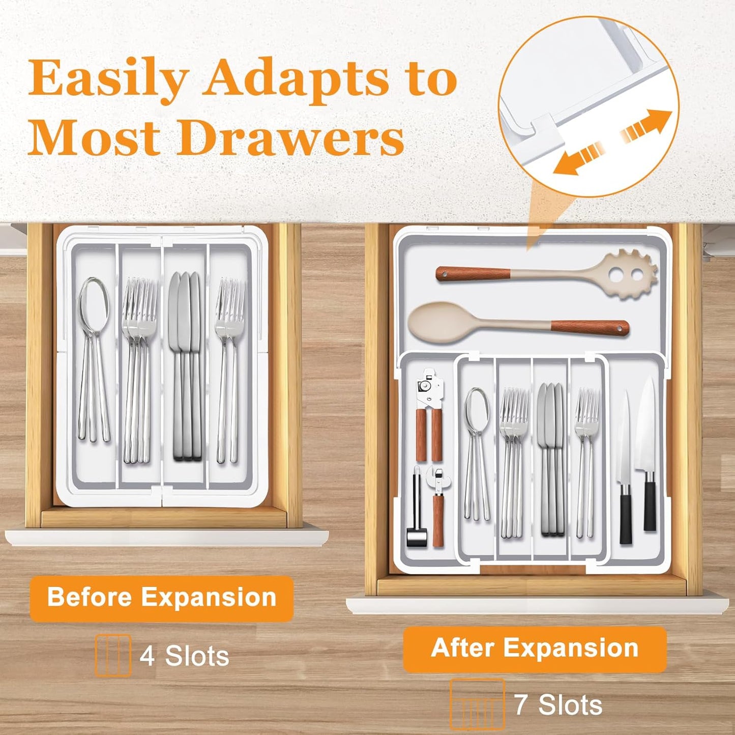 Silverware Drawer Organizer, Adjustable Kitchen Drawer Organizer, Expands from 4 to 7 Slots