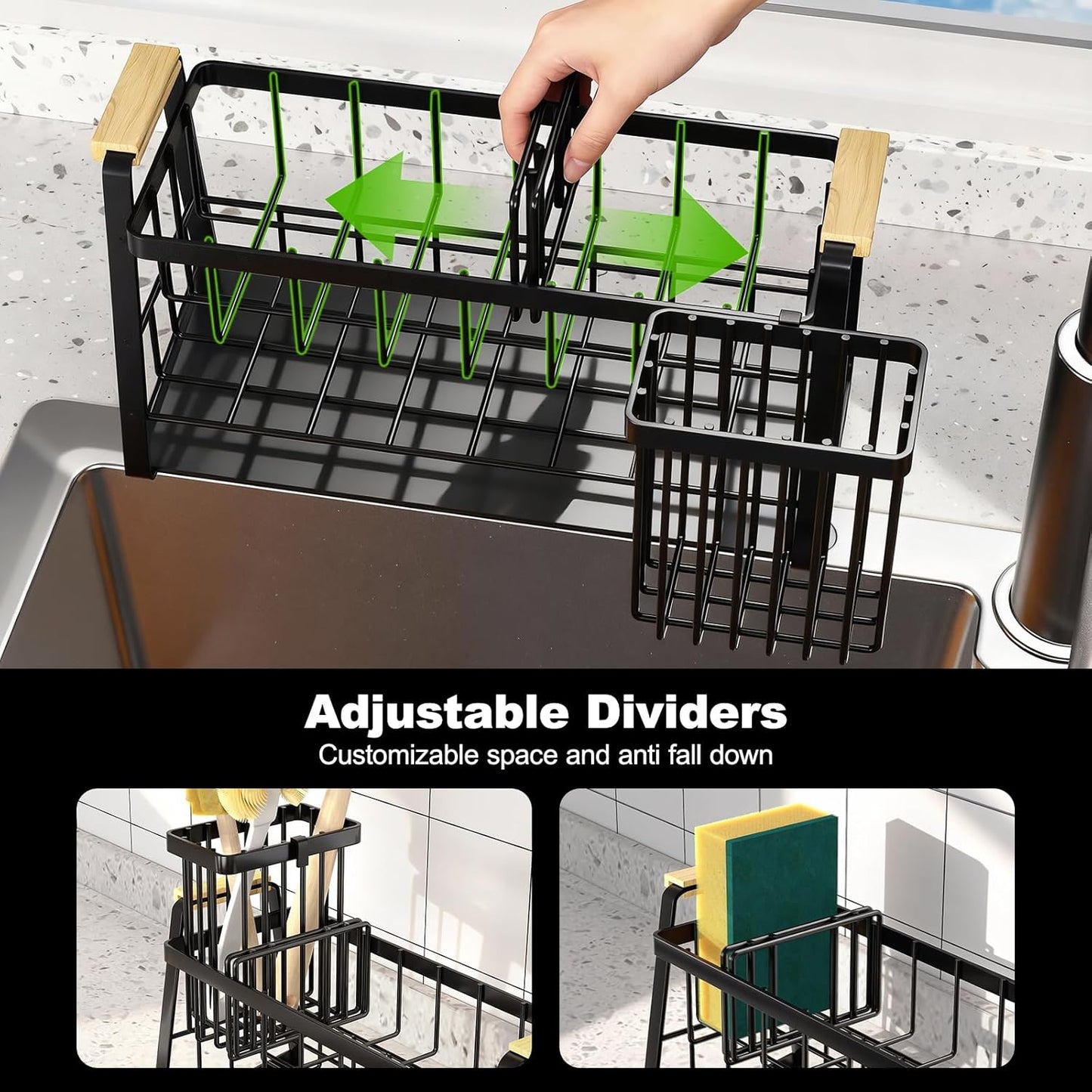 Sponge Holder for Kitchen Sink, 2-Tier Sink Caddy Organizer with Flexible High Brush Holder
