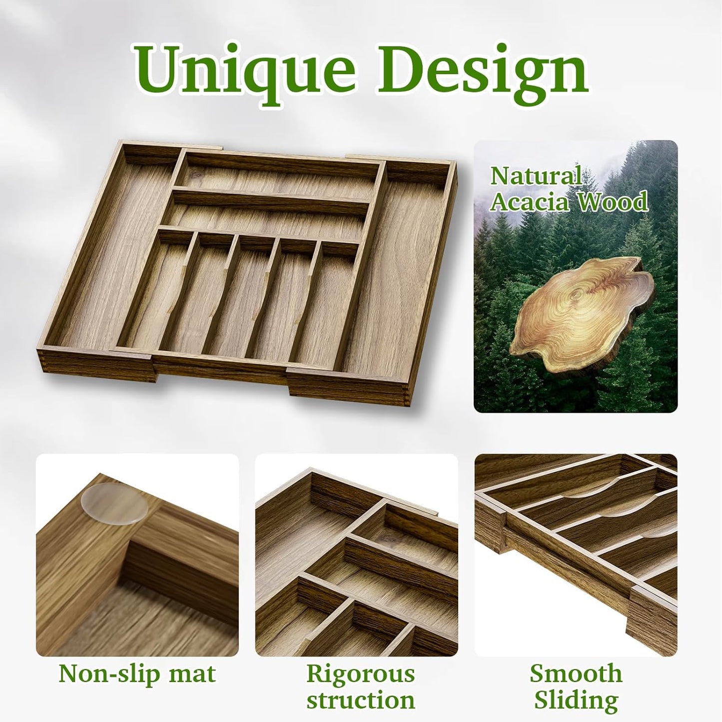 Acacia Wood Kitchen Silverware Drawer Organizer