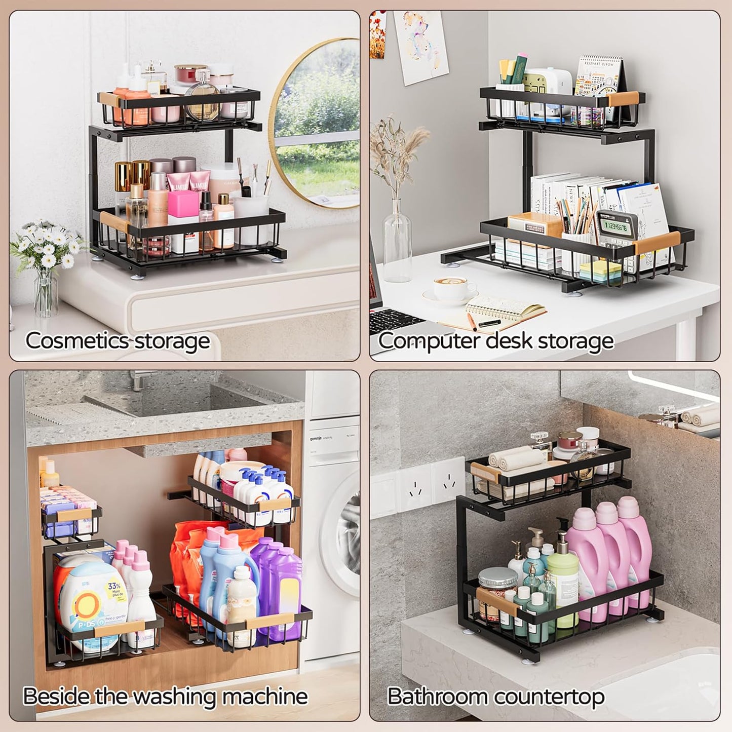 Under Sink Organizer, 2 Pack 2 Tier Expandable Height (13.2"