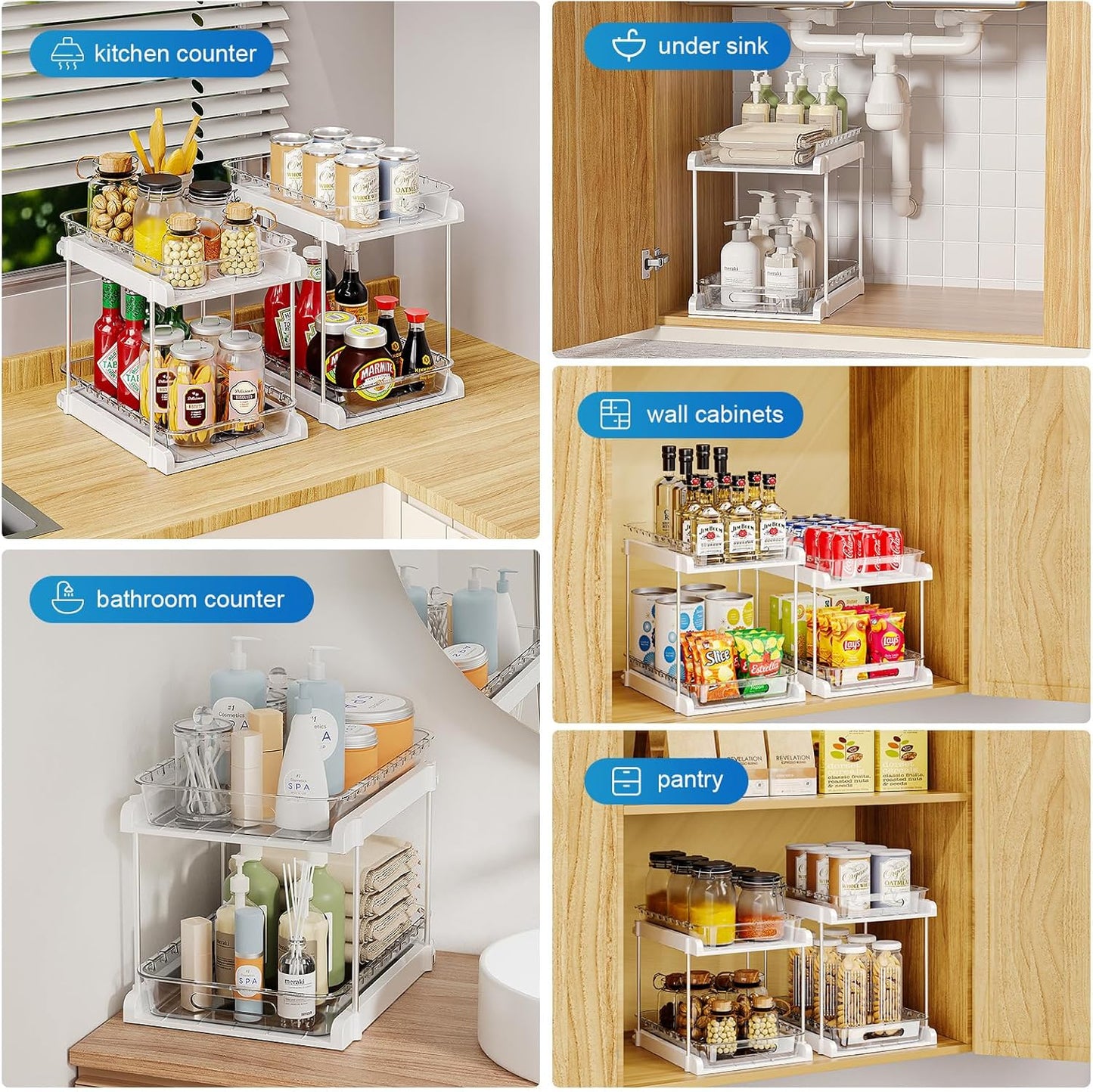 2-Tier Pull Out Under Sink Organizers for Kitchen, Bathroom, Pantry