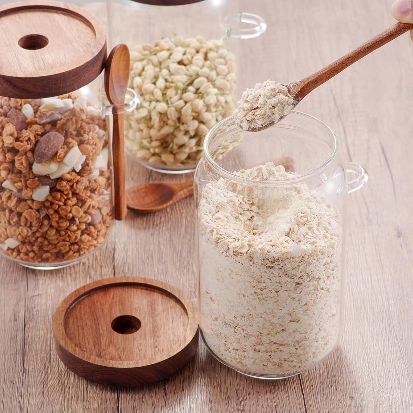 Coffee and Sugar Container Set, Glass Coffee Jars with Wooden Lids and Scoops