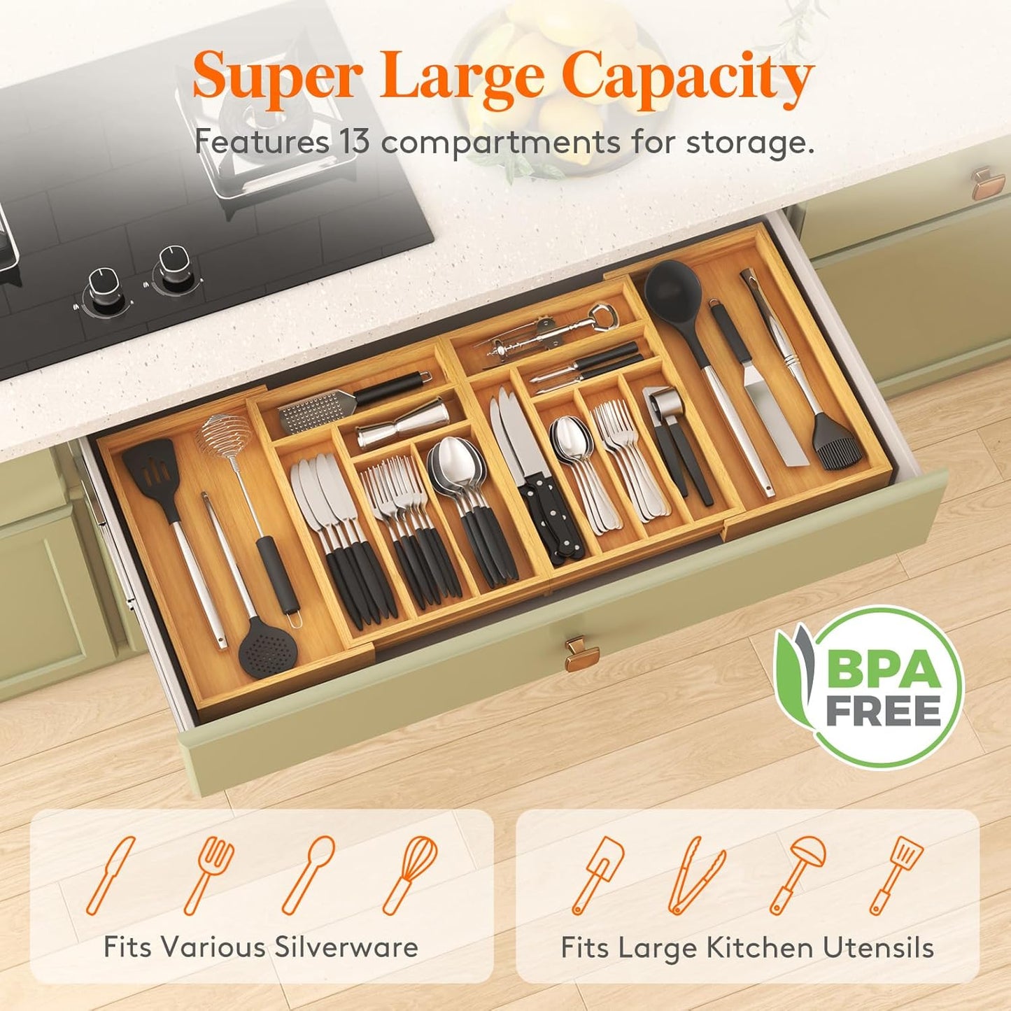 Large Silverware Drawer Organizer, Expandable 21.4 to 36 Inches Wide