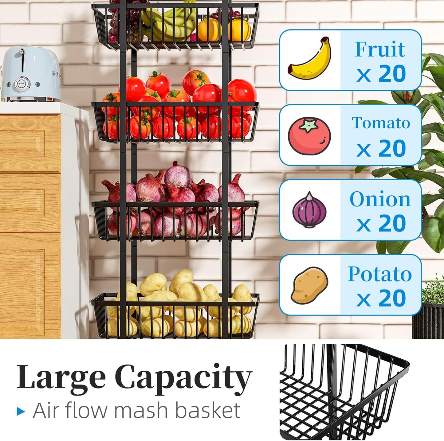 4 Tier Rolling Fruit Vegetable Basket Cart