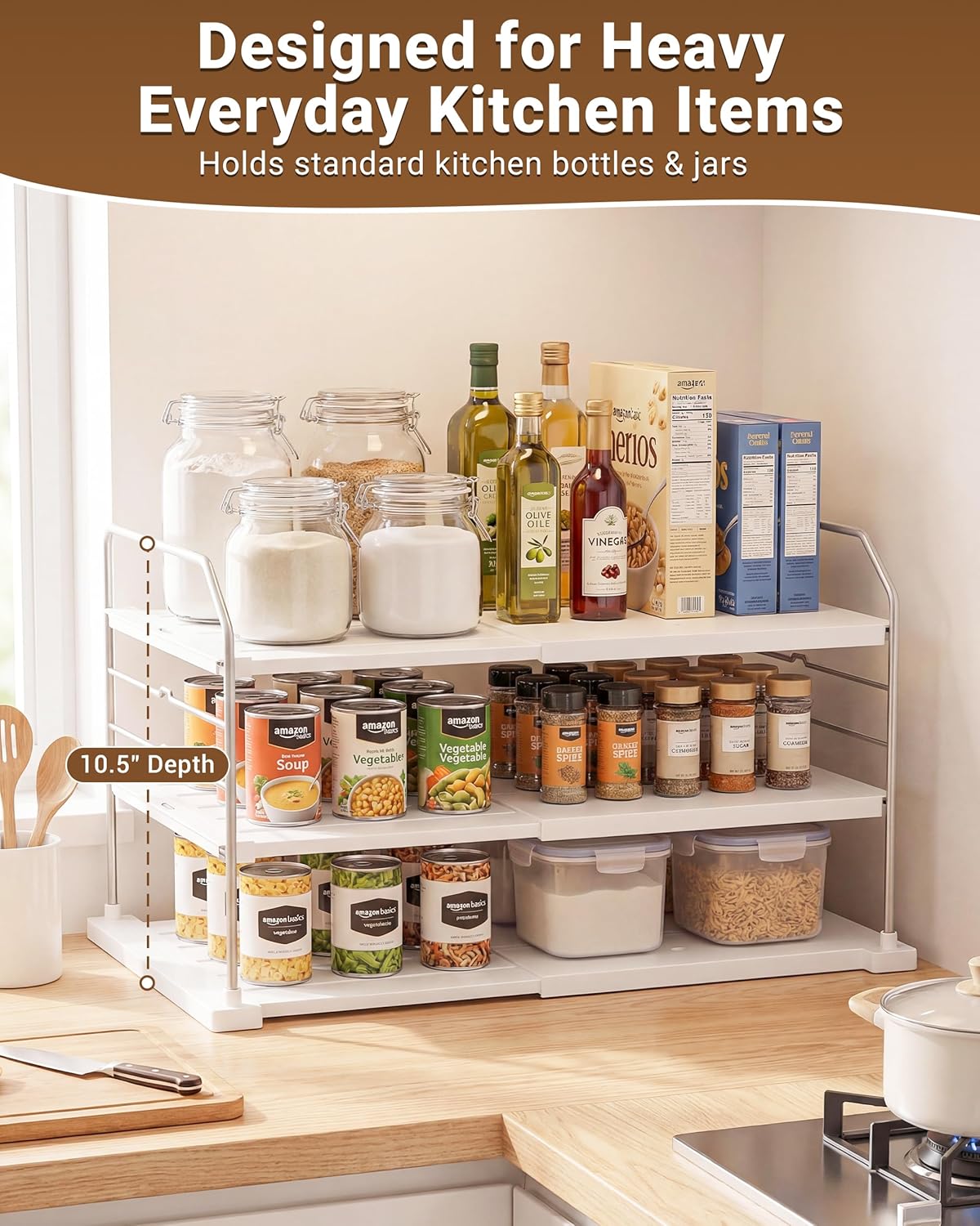 Extendable 3-Tier Kitchen Cabinet & Pantry Organizer for Plastic Wrap, Foil & Storage Bags