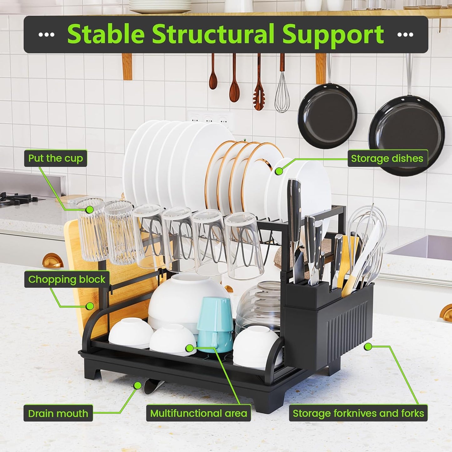 2-Tier Foldable Dish Drying Rack with Drainboard