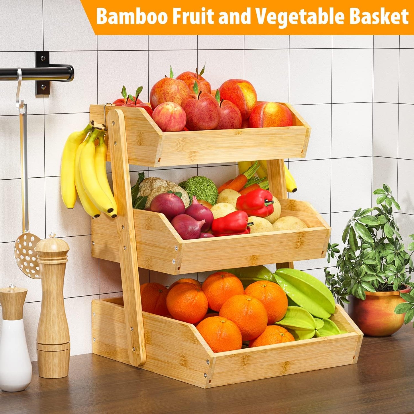 Bamboo Fruit Basket for Kitchen – 3 Tier Fruit Bowl For Kitchen Counter