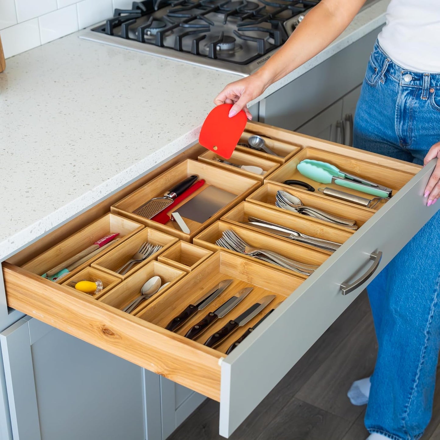 Bamboo Drawer Organizer Boxes - Set of 14 Wooden Drawer Organizers for Kitchen, Bathroom, Office