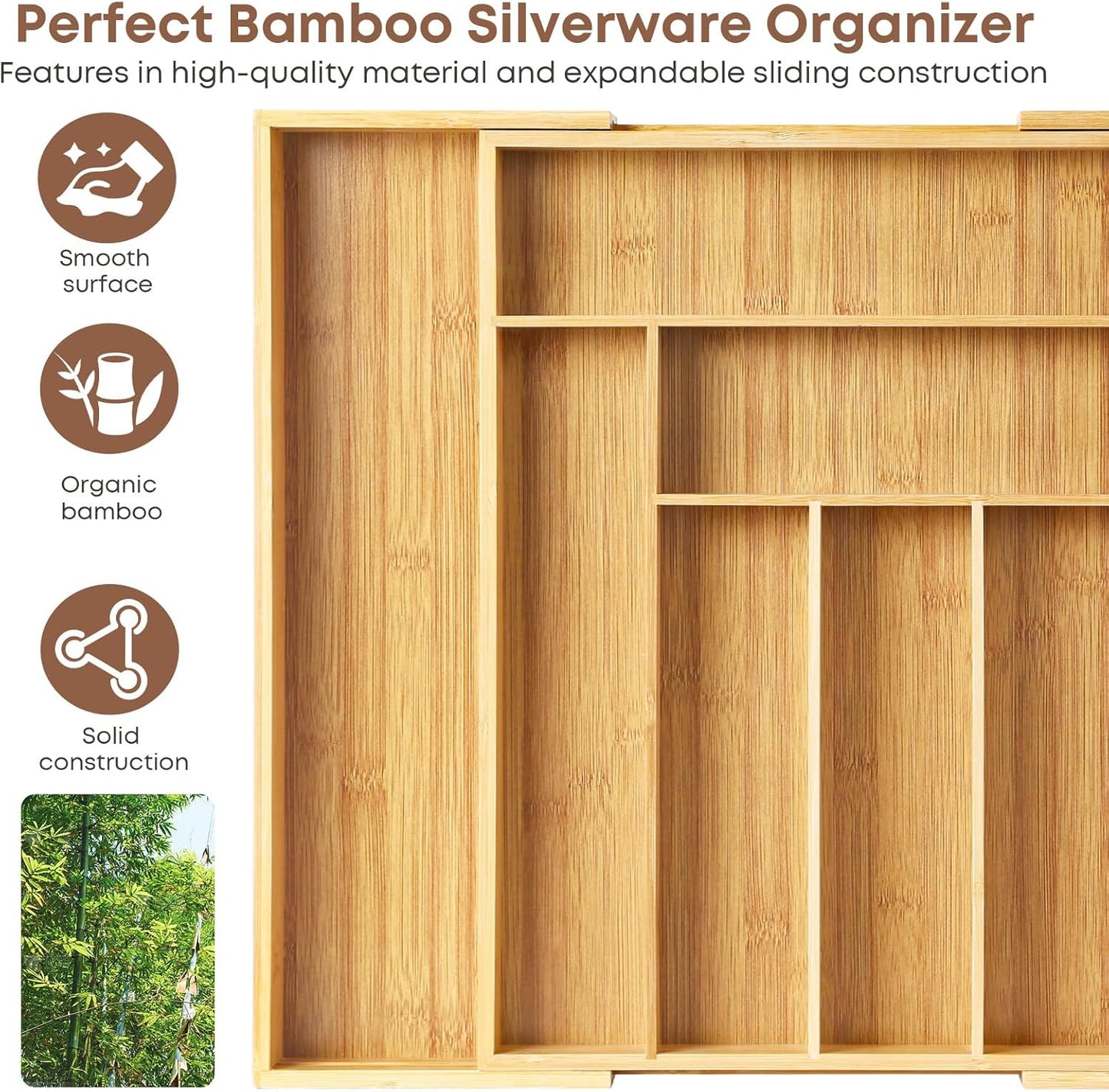 Bamboo Drawer Organizer Expandable Silverware Organizer