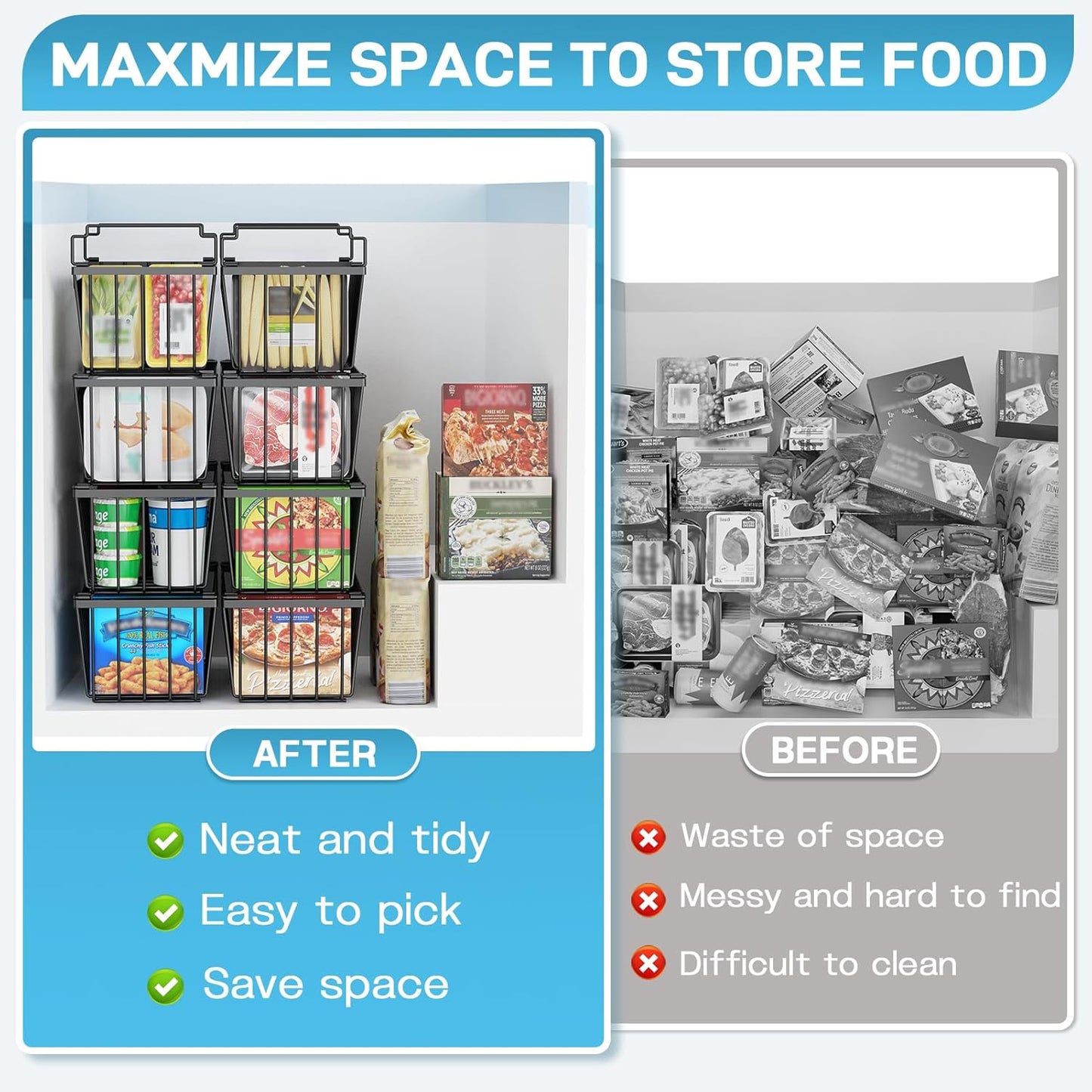 Freezer Organizer Bins, 4 Pack Stackable Chest Freezer Organizer for 5-7 Cu.FT Deep Freezer Sort Frozen Meats and Food, Freezer Storage Baskets with Handles Easy Reach from Bottom, Black