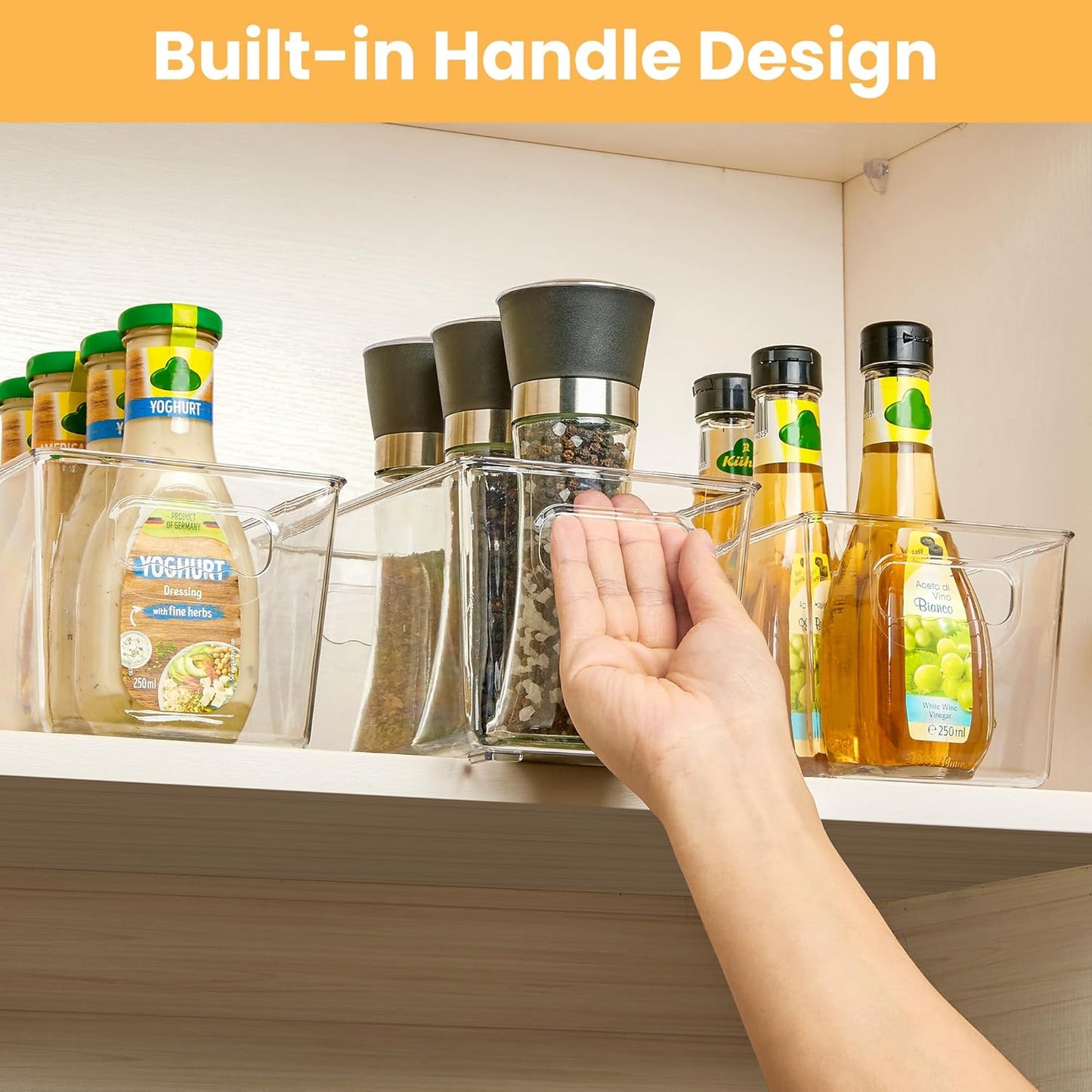Clear Plastic Storage Bins, 4 Pack Small Pantry Organizer Bins with Handle for Kitchen